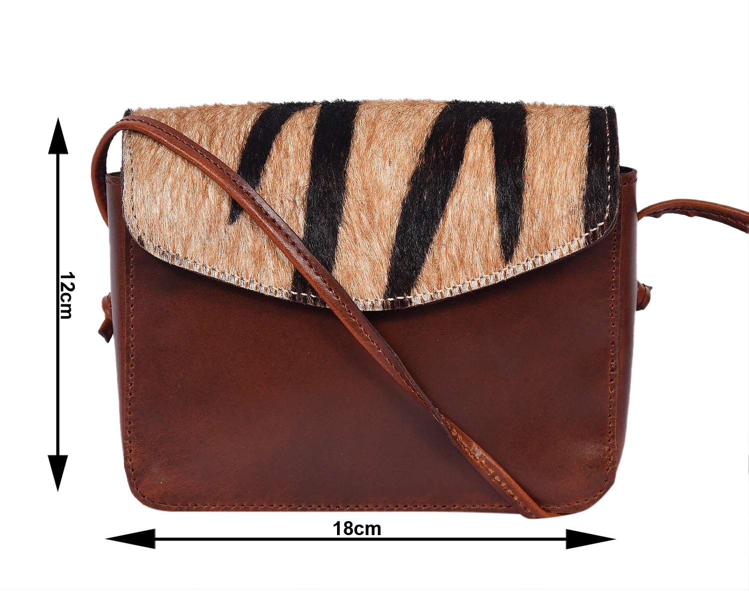 Womens Leather Crossbody Sling Bag with Tiger-Print Hairon Flap