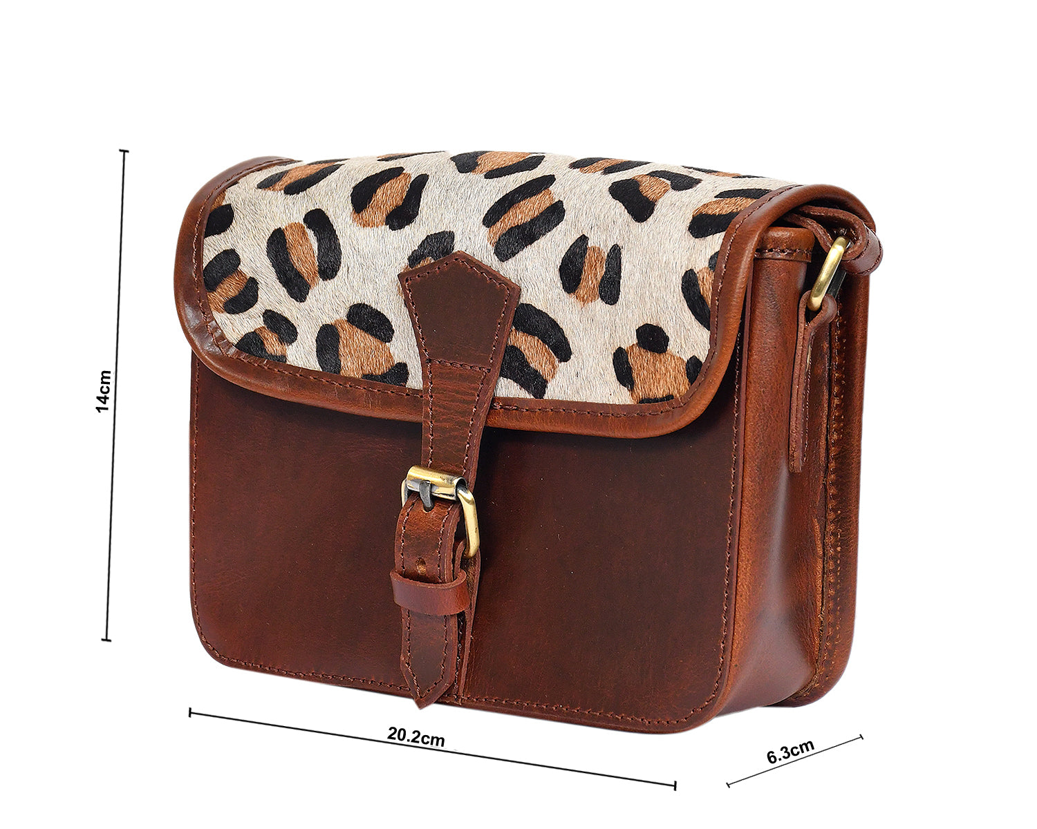 Premium Brown Leather Small Crossbody Bag with Leopard Print Flap