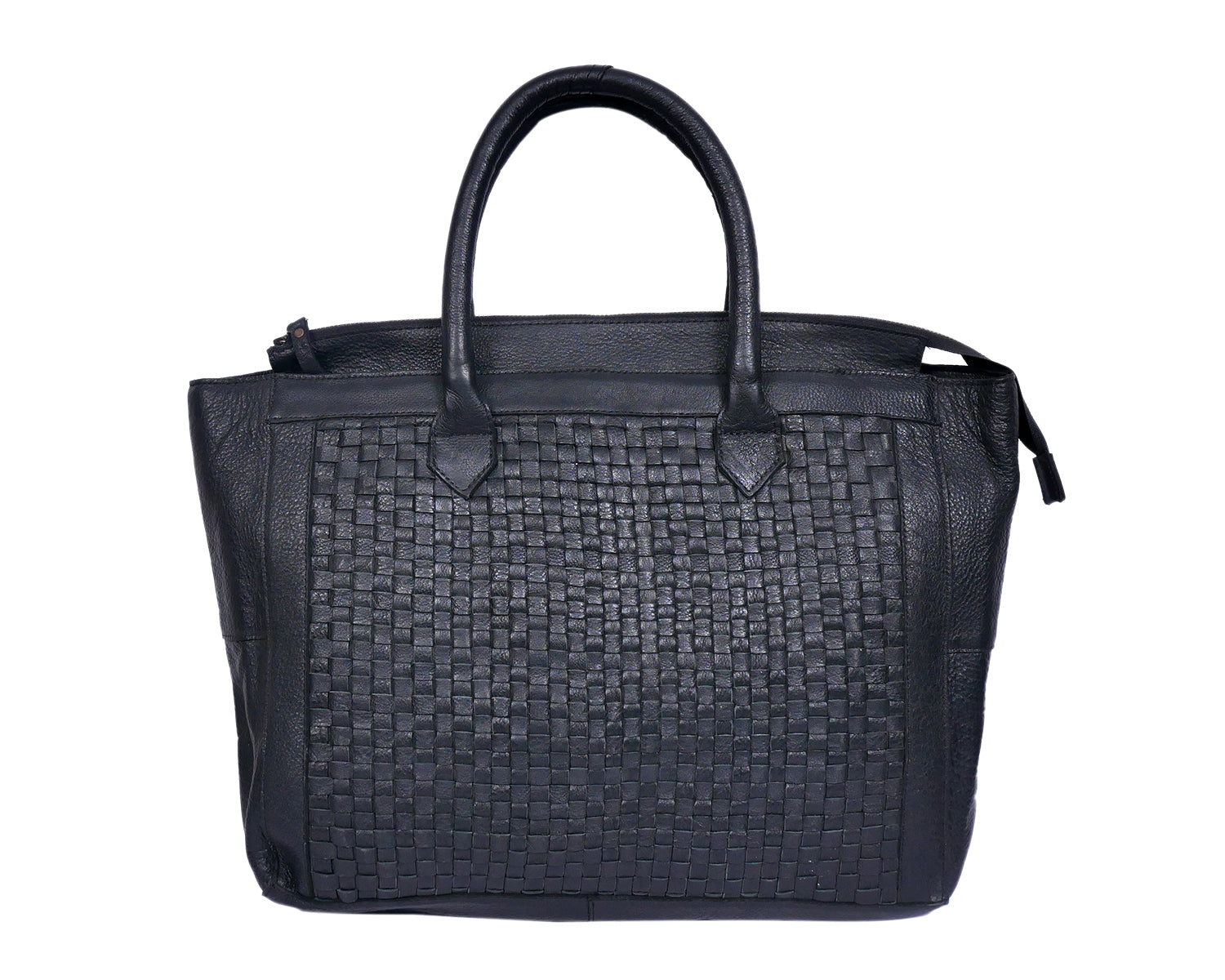 Genuine Leather Tote Bag Black with Woven Front, Zip Closure & Dual Carry Handles