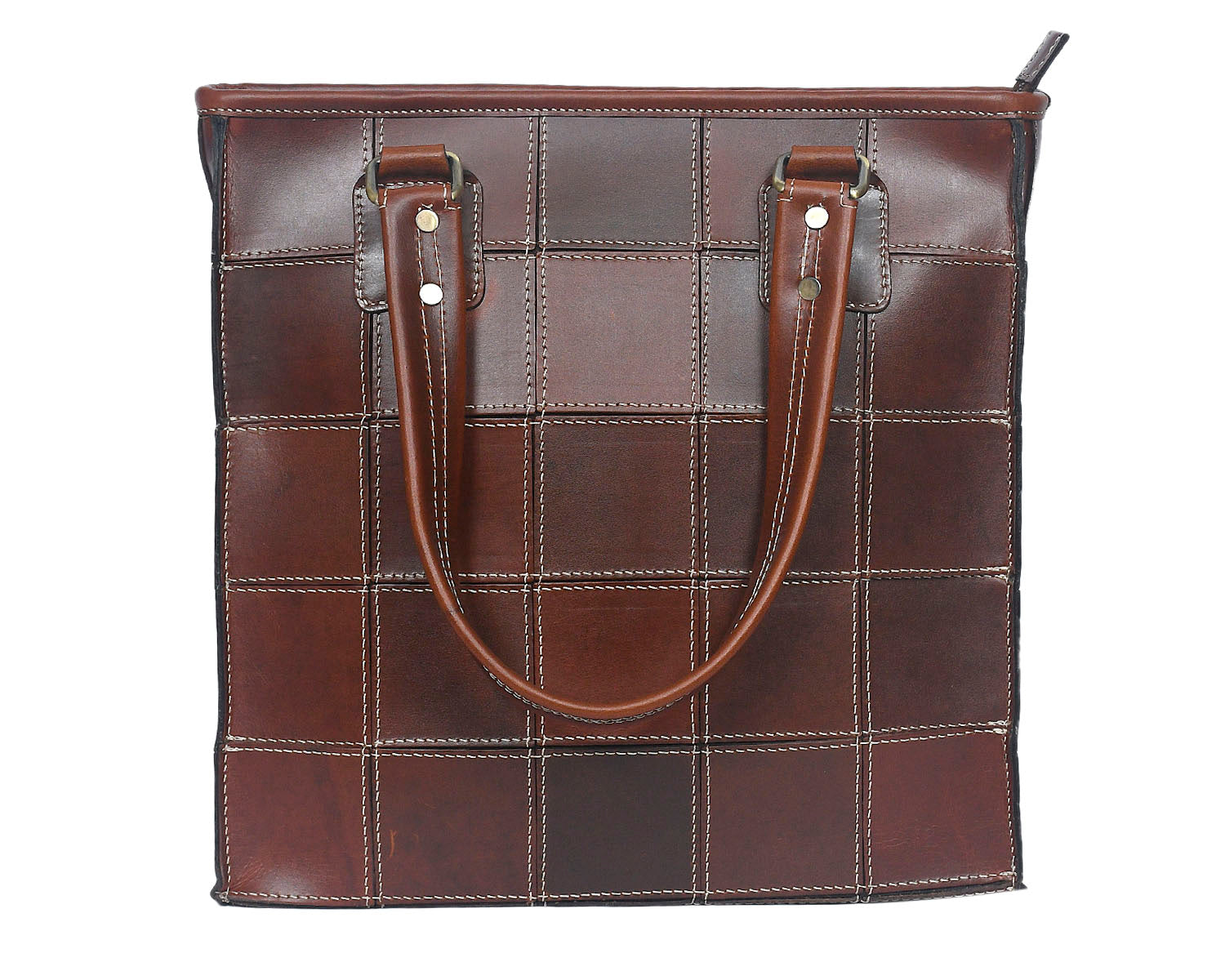 Premium Genuine Leather Brown Tote Bag with Hand-Stitched Check Panel Design