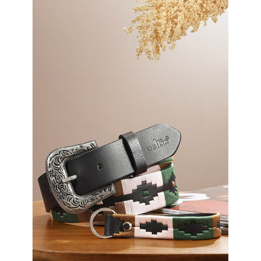 Unisex Handcrafted Leather Belt With Woven Aztec Pattern Antique Buckle For Men