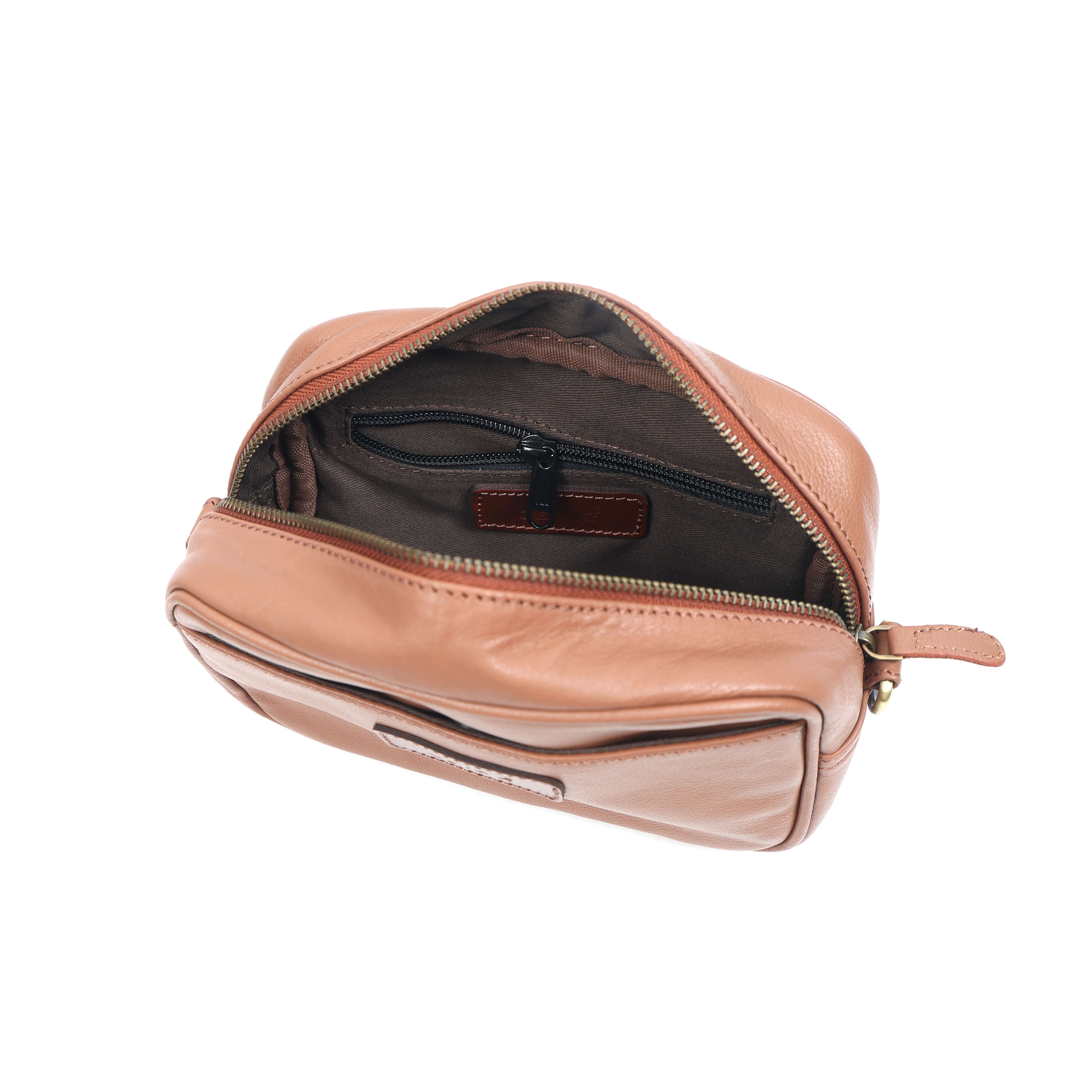 Premium Export Leather Compact Crossbody Bag | Multiple Zip Pockets & Adjustable Strap