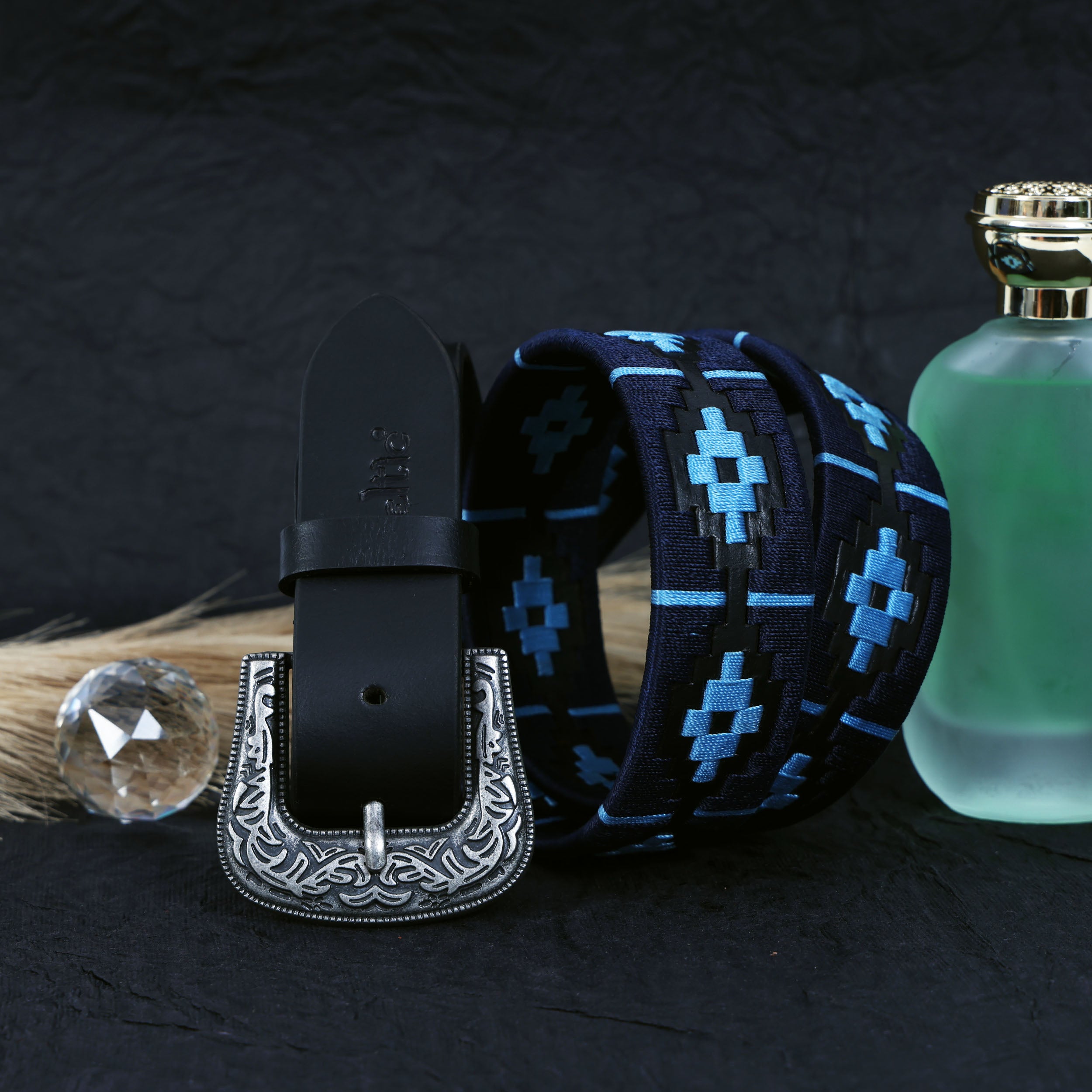 Premium Black Leather Belt with King Buckle & Blue Stitching  Stylish & Durable.LB-873