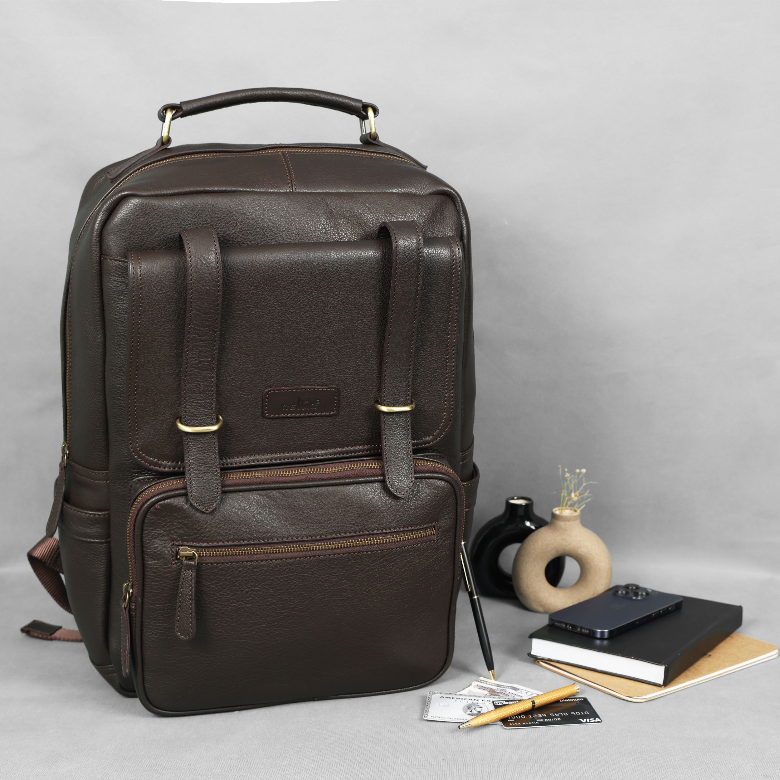 Premium Genuine Leather Laptop Backpack with Multi-Zip Compartments & Top Handle