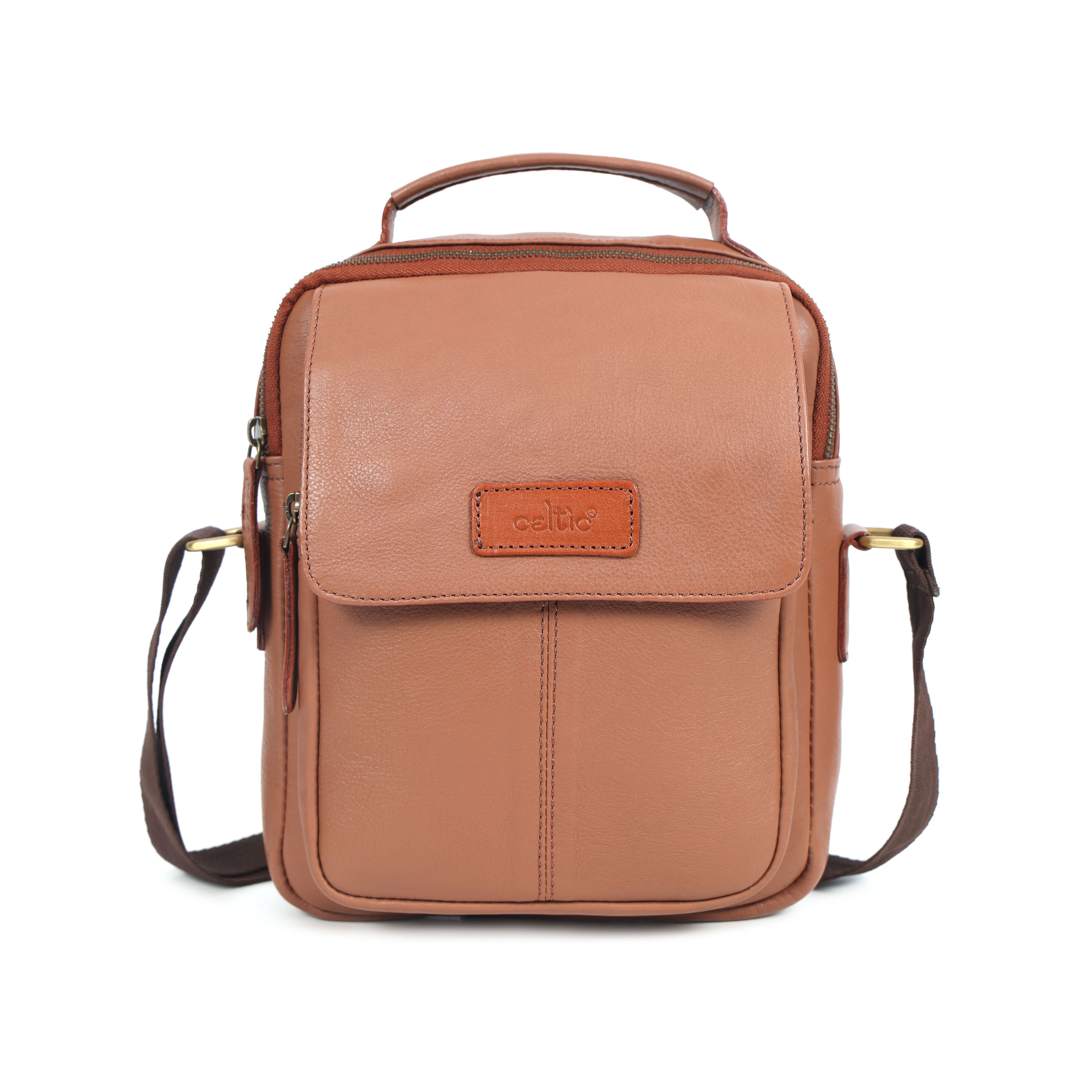 Unisex Leather Crossbody Sling Bag with Front Flap Pocket & Adjustable Strap