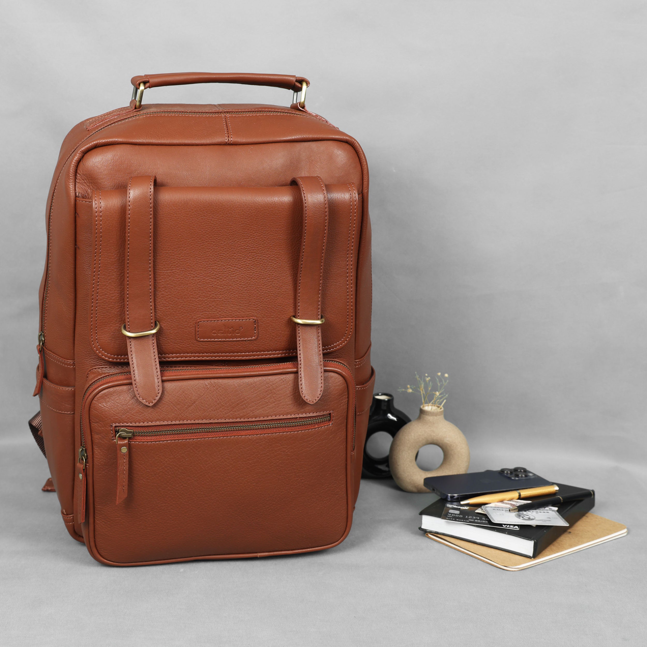 Premium Genuine Leather Laptop Backpack with Multi-Zip Compartments & Top Handle