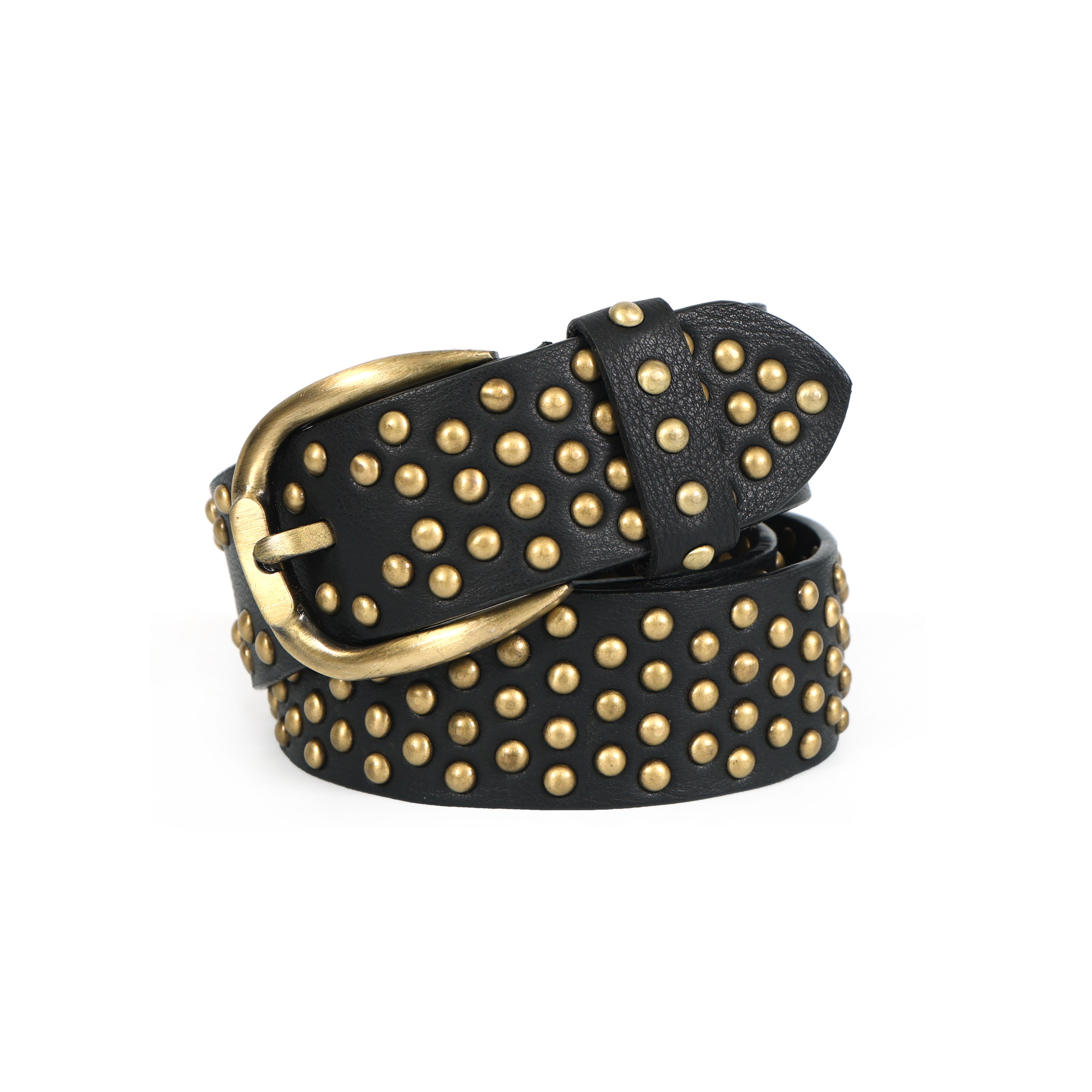 Women Black Studded Leather Belt With Brass Buckle Punk Rock Statement Fashion Accessory