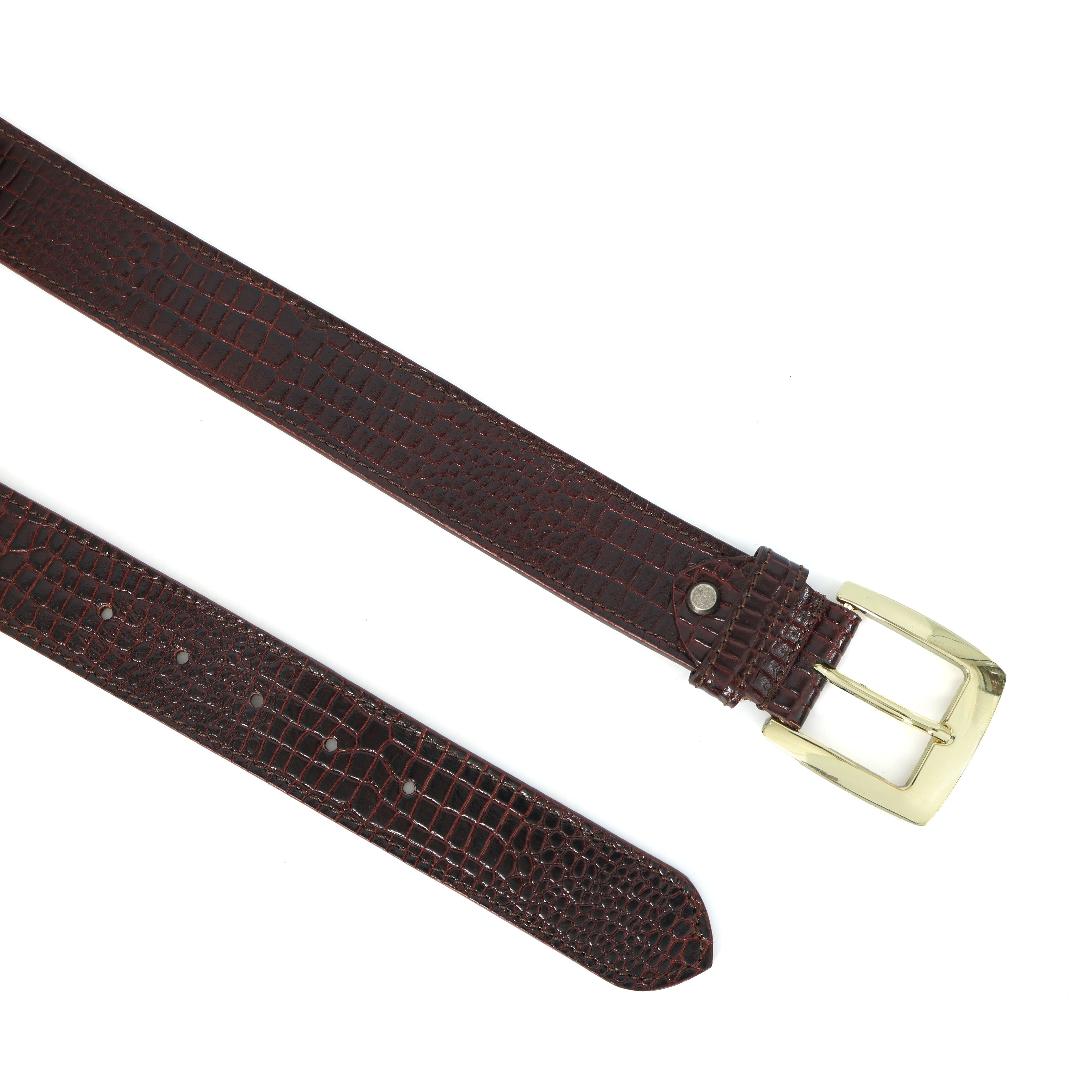 Mens Croc Textured Leather Belt With Gold Buckle For Formal Casual Wear
