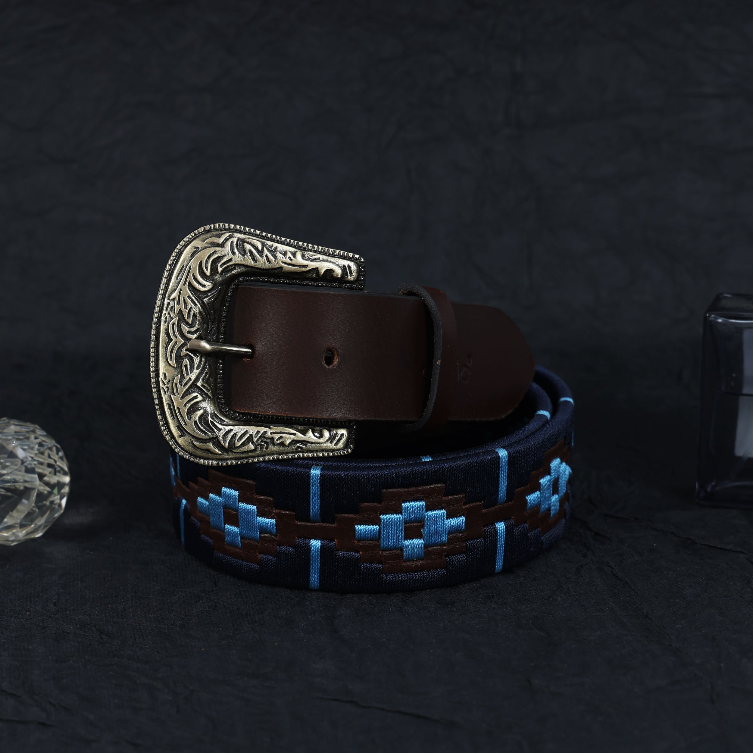  Premium Brown Leather Polo Belt with Blue Webbing & Designer Buckle + Matching Keyring. LB-866