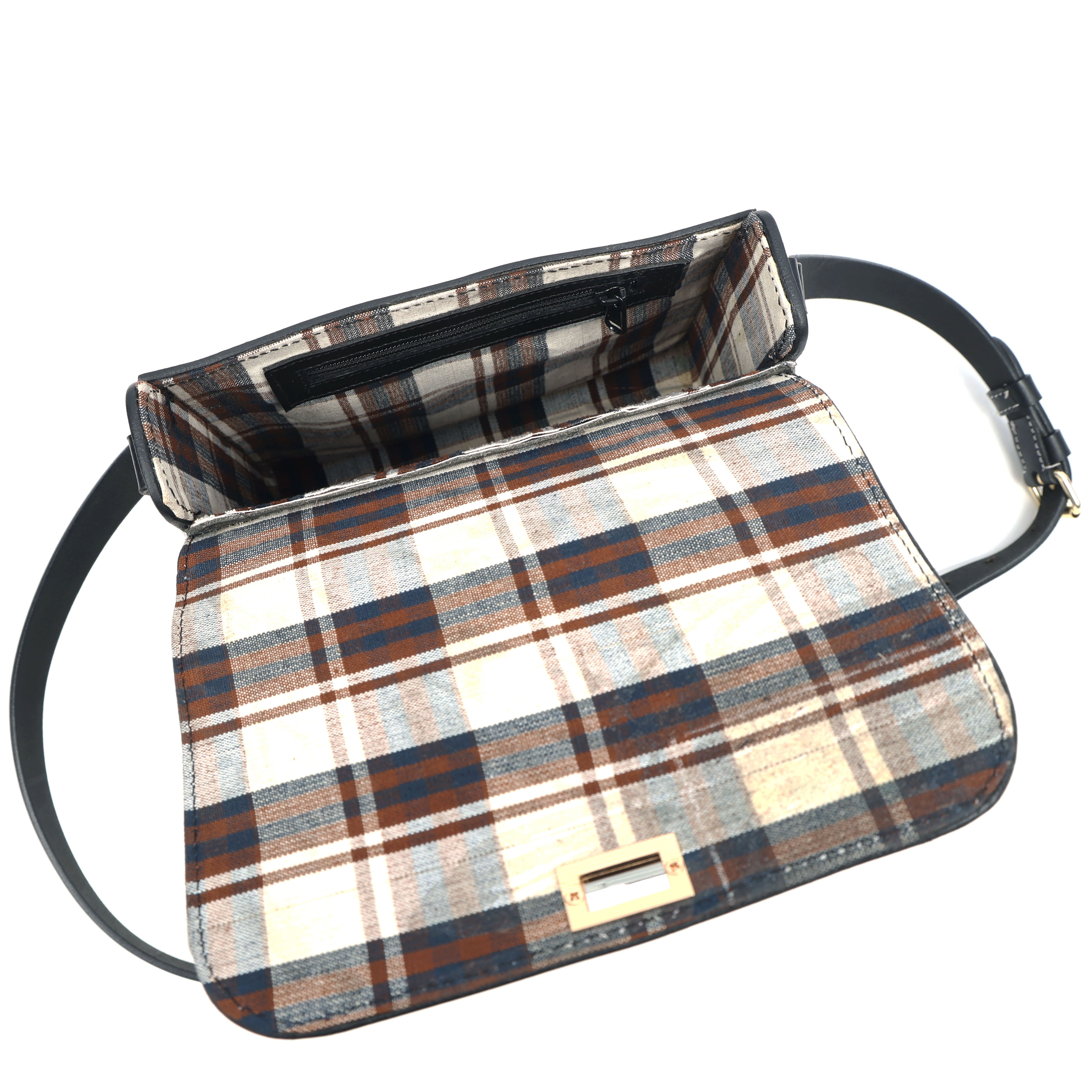 Black Structured Leather Crossbody Bag with Contrast Stitching & Secure Turn-Lock