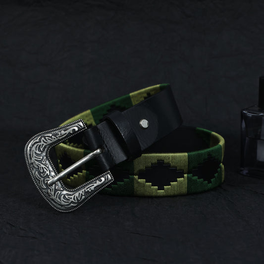 Designer Black Leather Polo Belt with Green Webbing & Premium Buckle  Includes Matching Keyring. LB-867