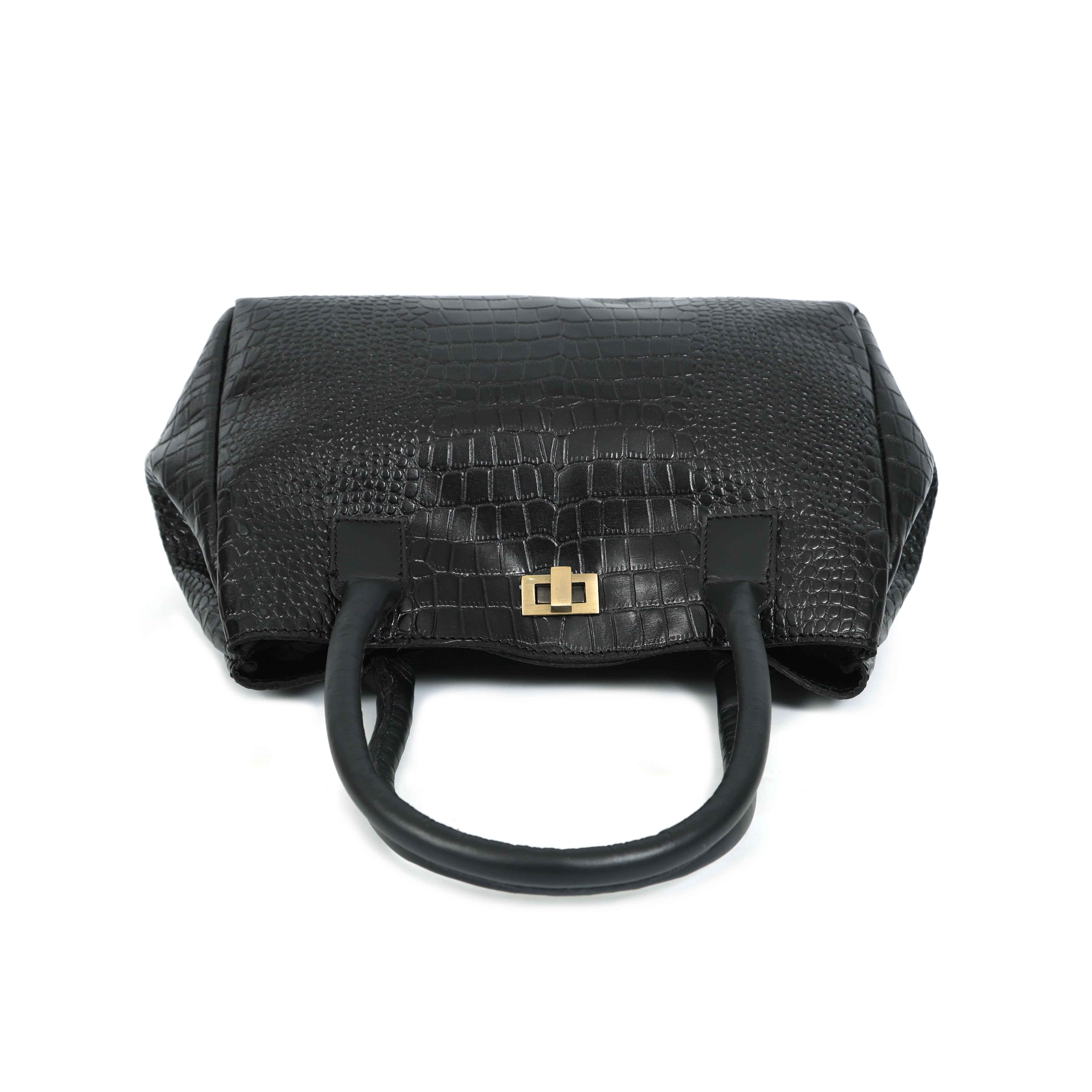 Structured Croc-Textured Black Handbag with Top Handles