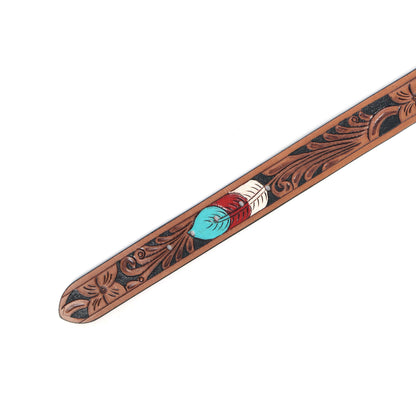 Stylish Brown Leather Hand-Carved Belt with Blue Paint – Unique, Custom Artisan Craftsmanship. LB-842