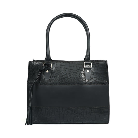Genuine Leather Black Structured Handbag | Elegant Top Handle Purse