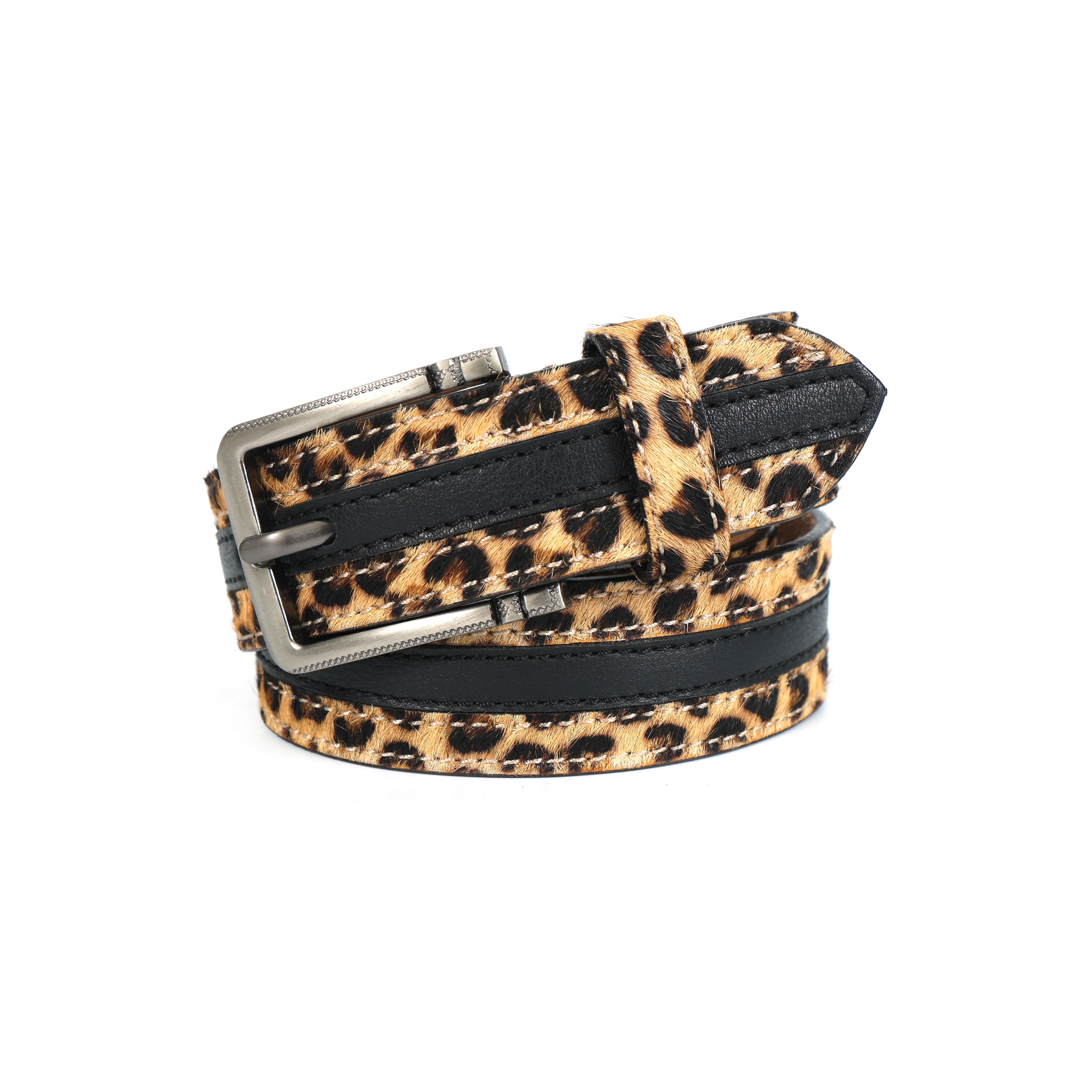 Womens Leopard Print Leather Belt with Sleek Metal Buckle for Trendy Casual Wear