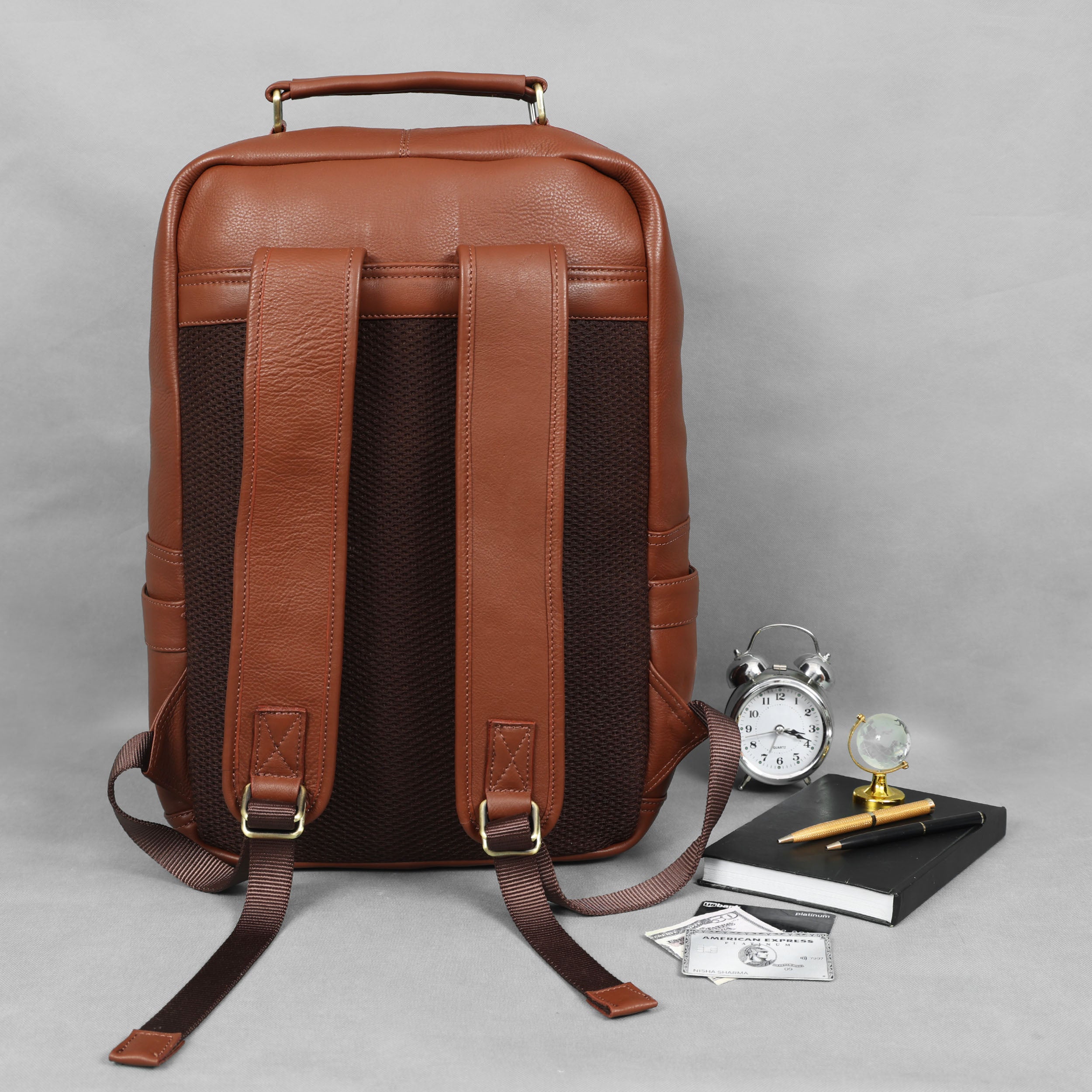Premium Genuine Leather Laptop Backpack with Multi-Zip Compartments & Top Handle