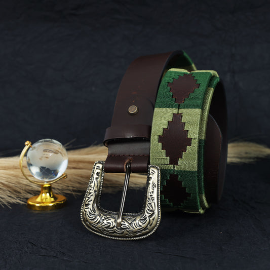  Brown Leather Polo Belt with Green Webbing & Designer Buckle  Includes Matching Keyring. LB-868