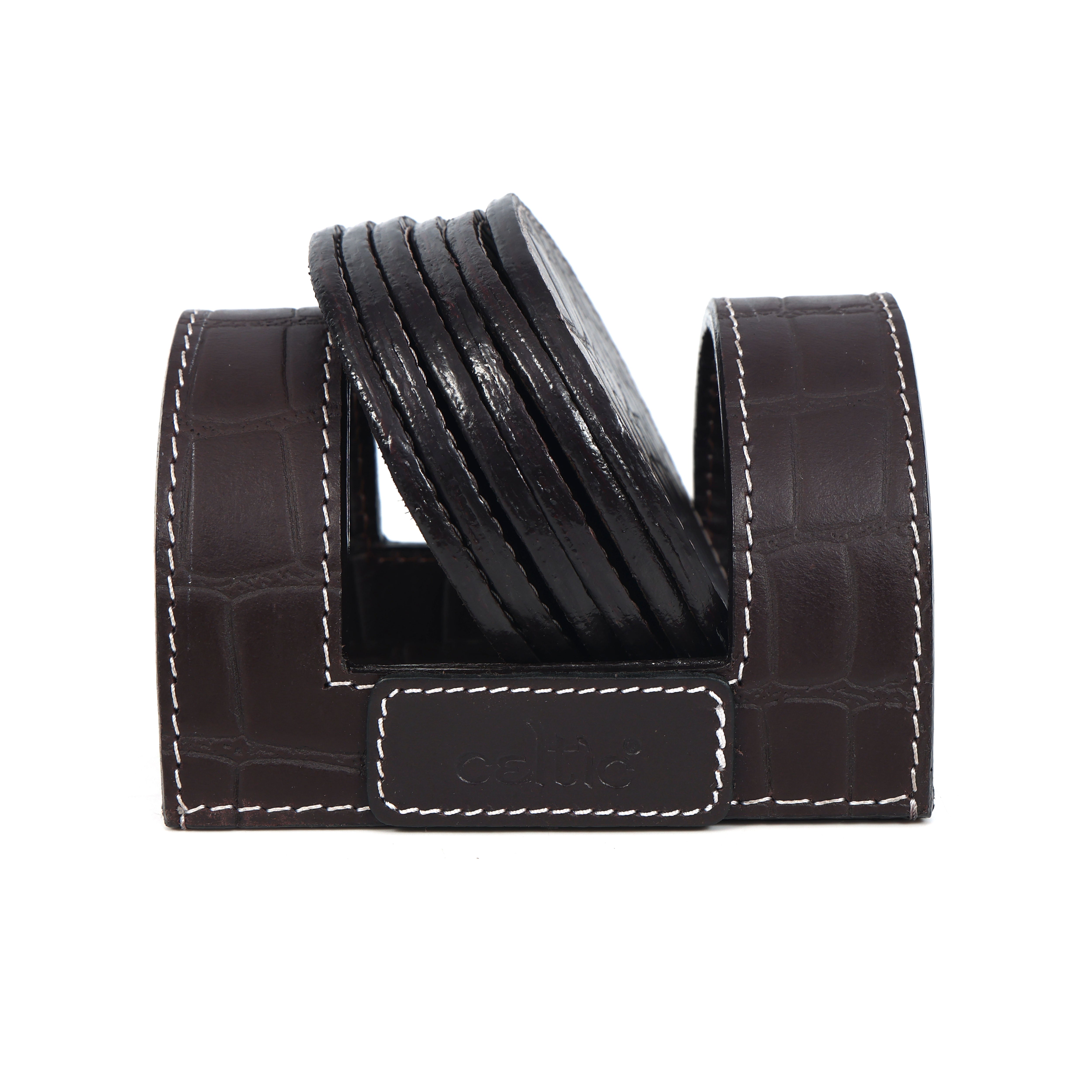 Premium Croc-Textured Leather Coaster Set with Holder