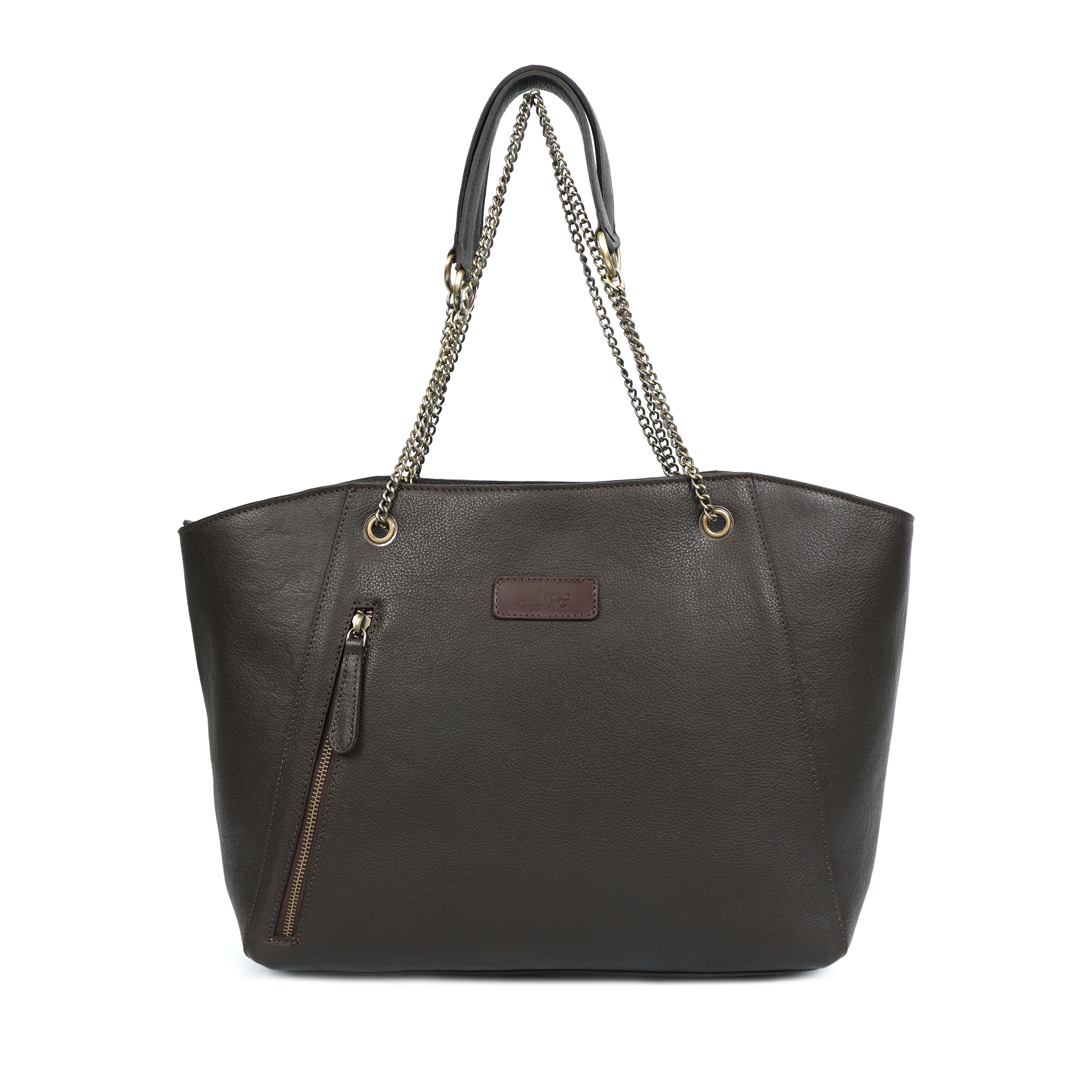Premium Export Quality Black Leather Tote Bag with Chain Handles & Zip Closure