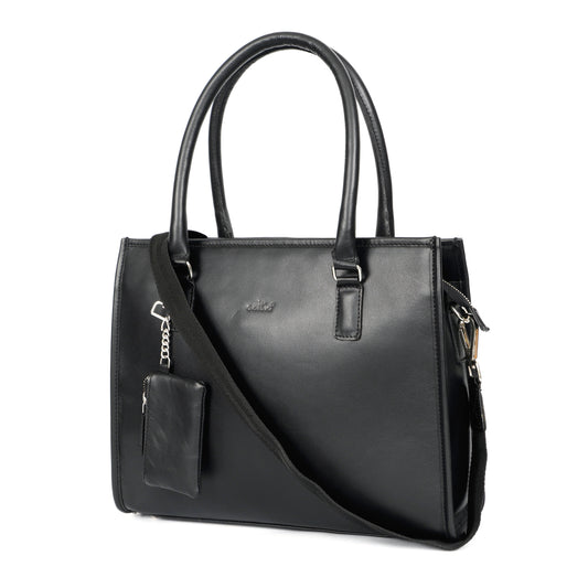 Premium Black Genuine Leather Tote Bag for Women | Spacious Work, Travel & Office Handbag | Stylish Shoulder Bag with Sling Strap