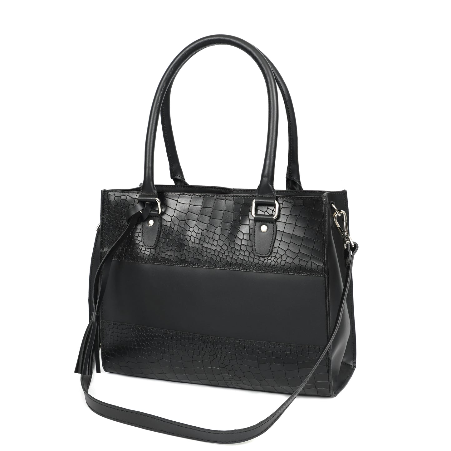 Genuine Leather Black Structured Handbag | Elegant Top Handle Purse