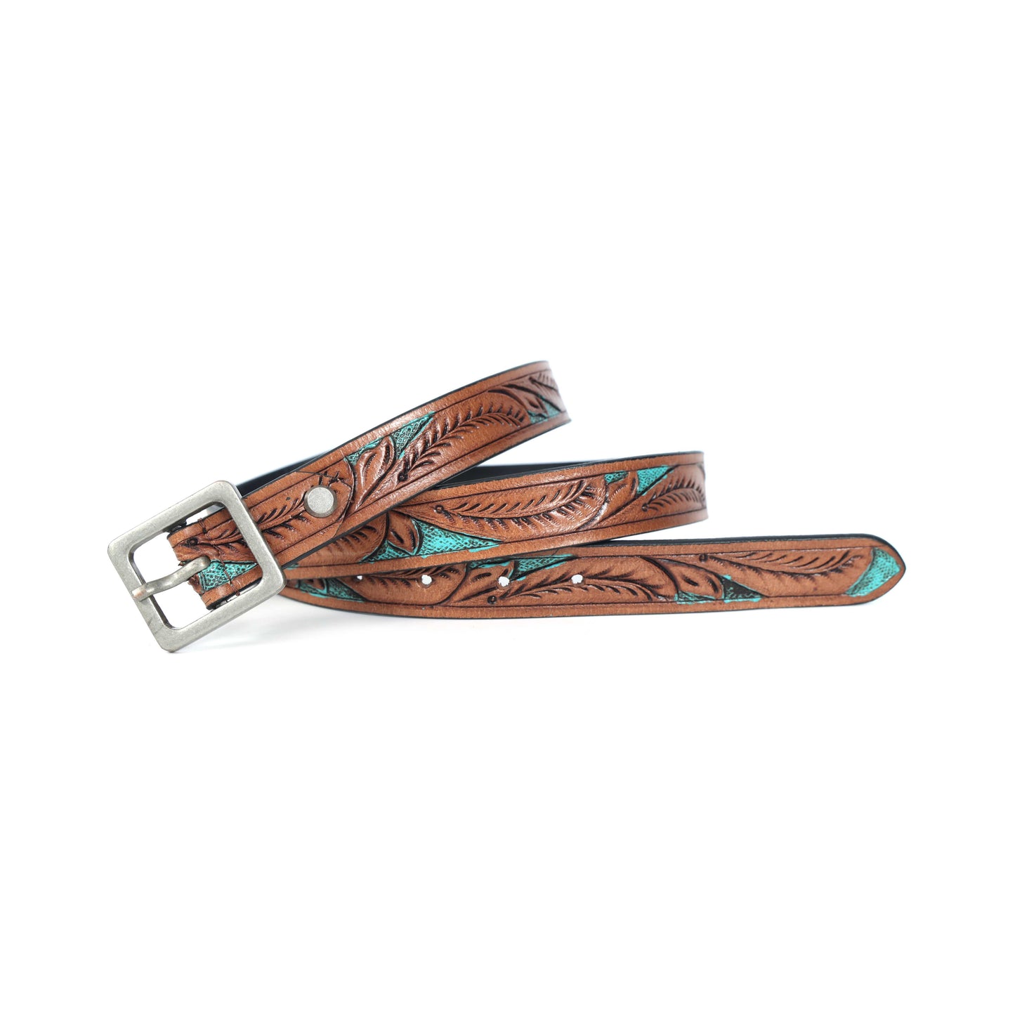 Stylish Leather Tan Belt with Blue Paint Accents & Silver Buckle. LB-845