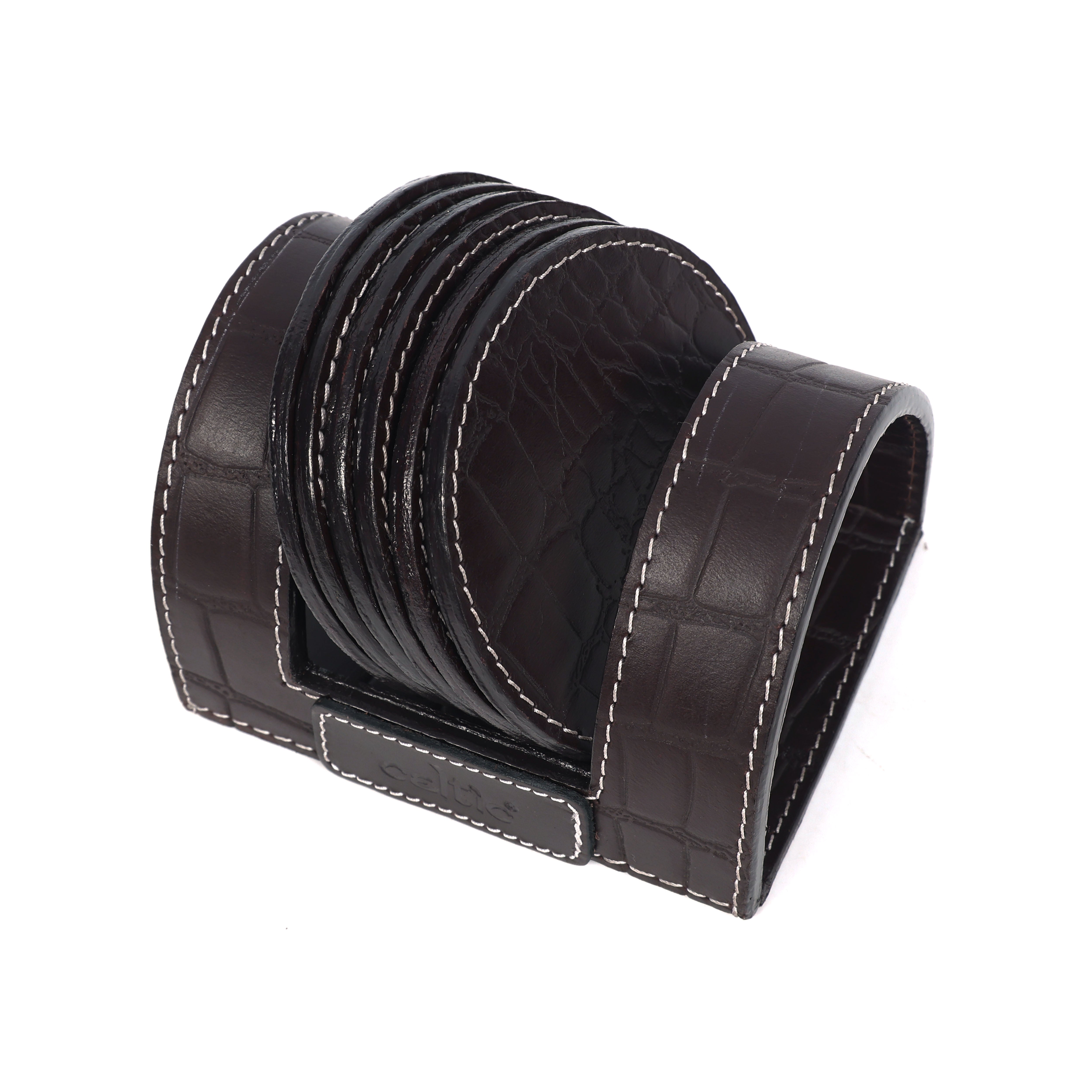 Premium Croc-Textured Leather Coaster Set with Holder