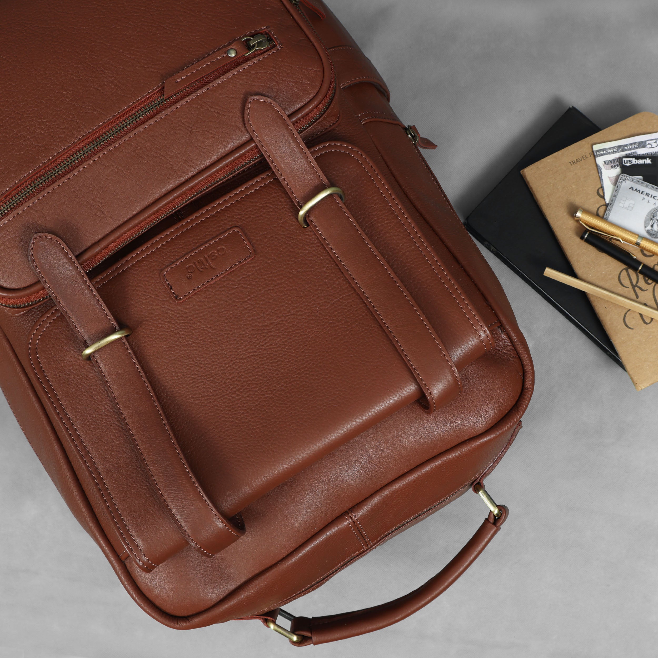 Premium Genuine Leather Laptop Backpack with Multi-Zip Compartments & Top Handle