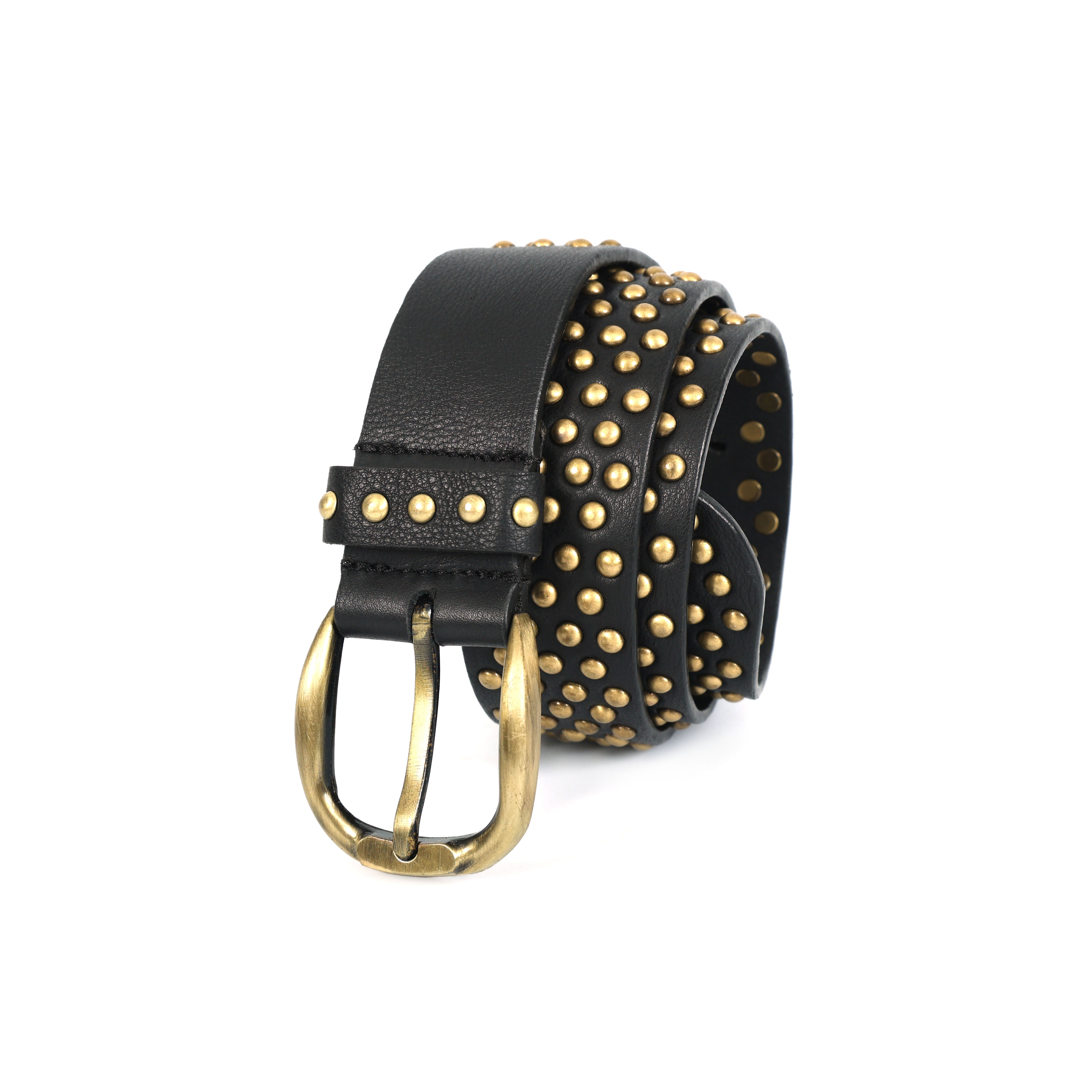 Women Black Studded Leather Belt With Brass Buckle Punk Rock Statement Fashion Accessory