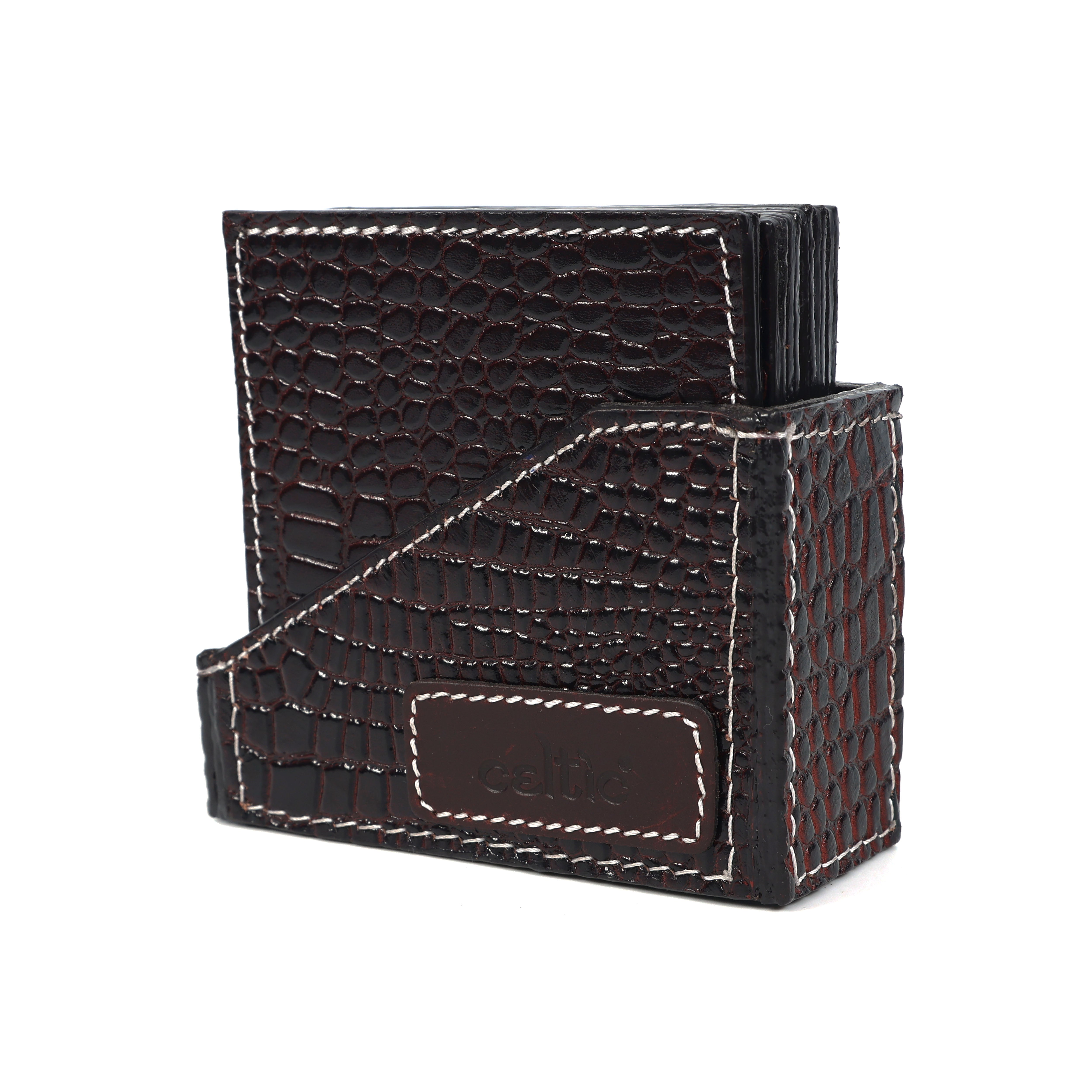 Premium Croc-Textured Leather Coaster Set with Holder