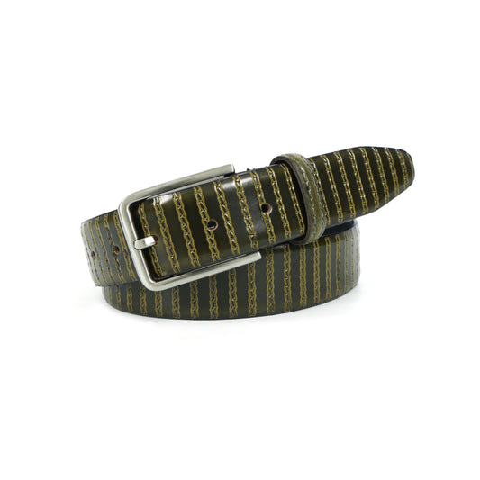 Trendy Olive Green Patterned Leather Belt for Men with Metal Buckle ƒ????? Stylish Casual & Formal Waist Belt ART:-LB-906