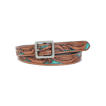 Stylish Leather Tan Belt with Blue Paint Accents & Silver Buckle. LB-845