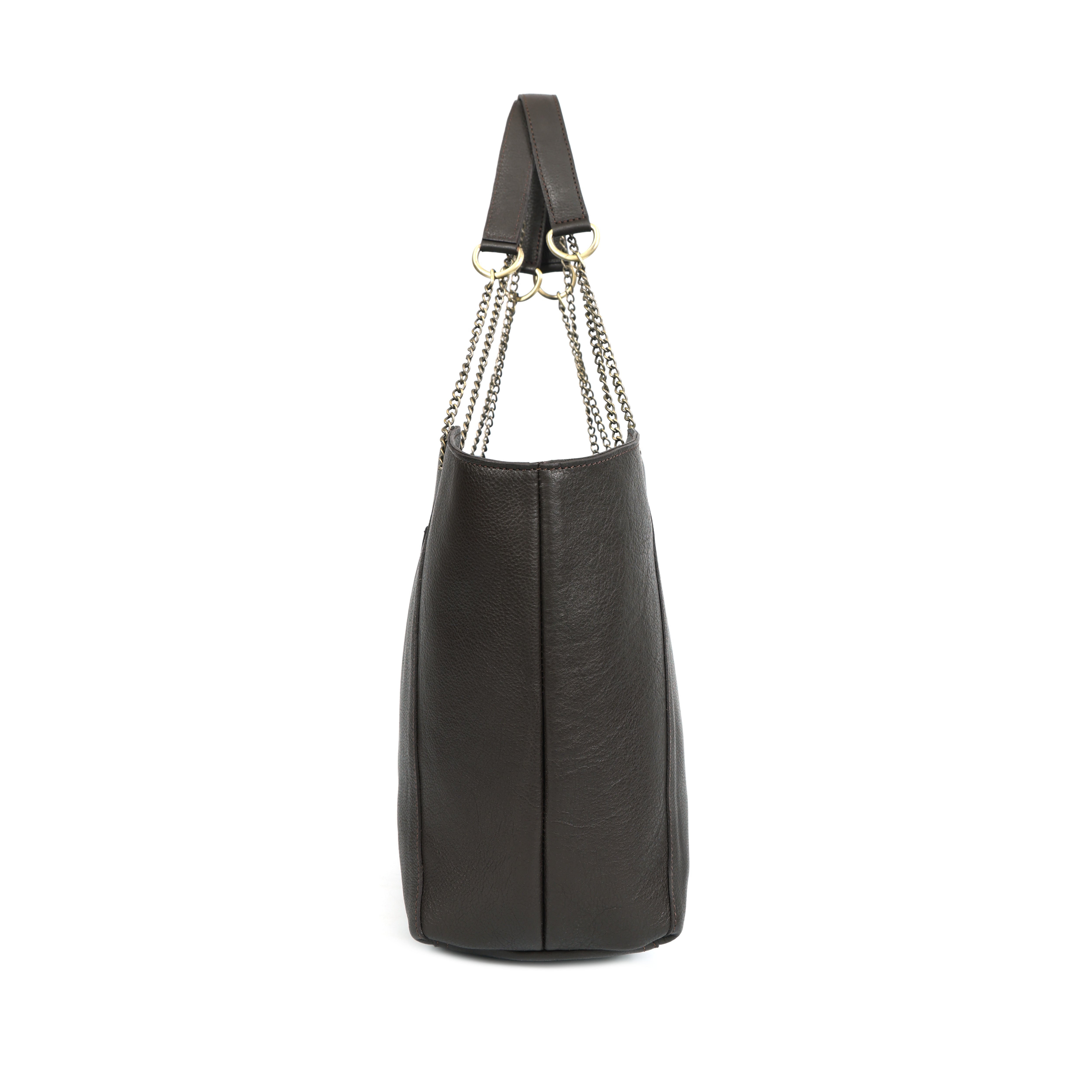 Premium Export Quality Black Leather Tote Bag with Chain Handles & Zip Closure