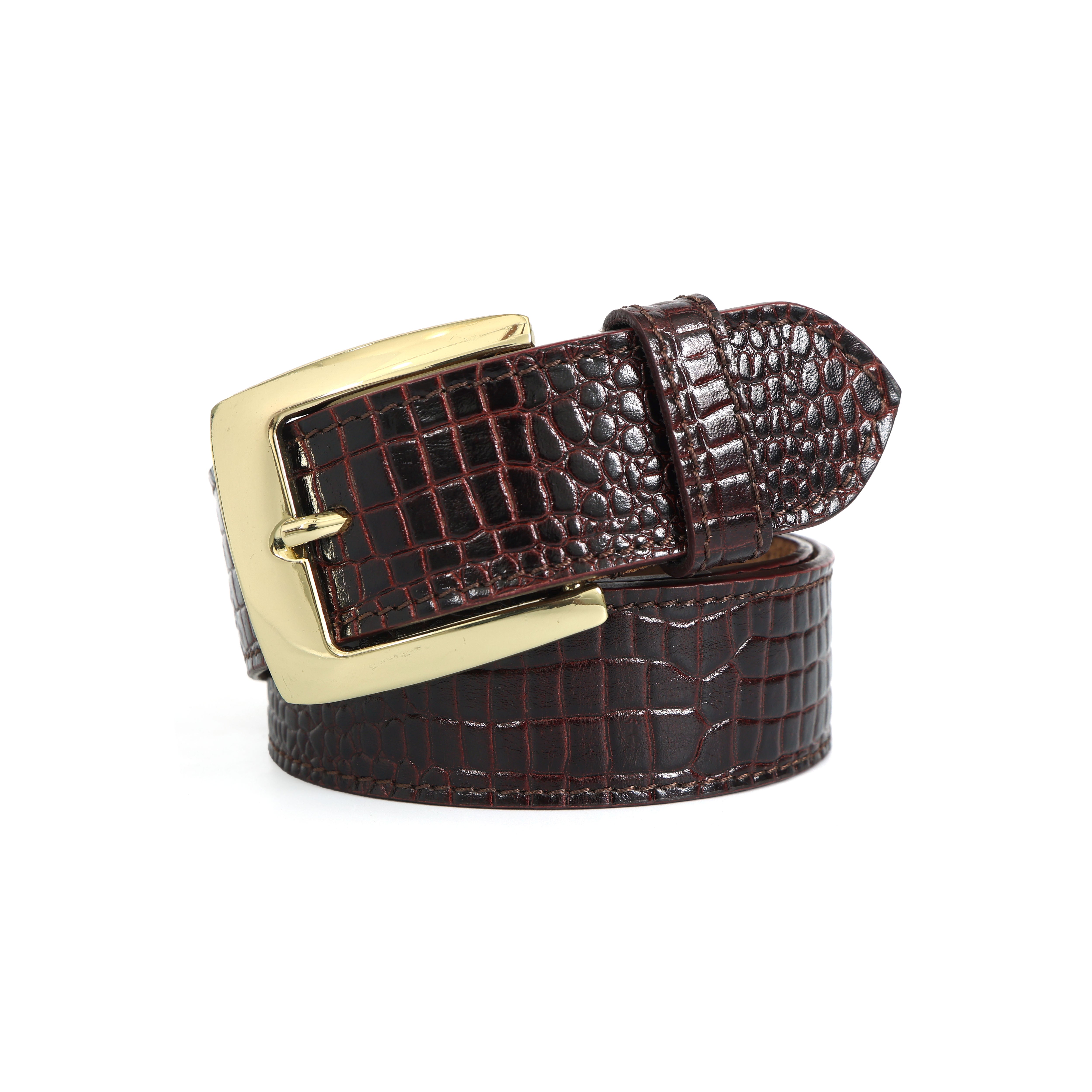 Mens Croc Textured Leather Belt With Gold Buckle For Formal Casual Wear