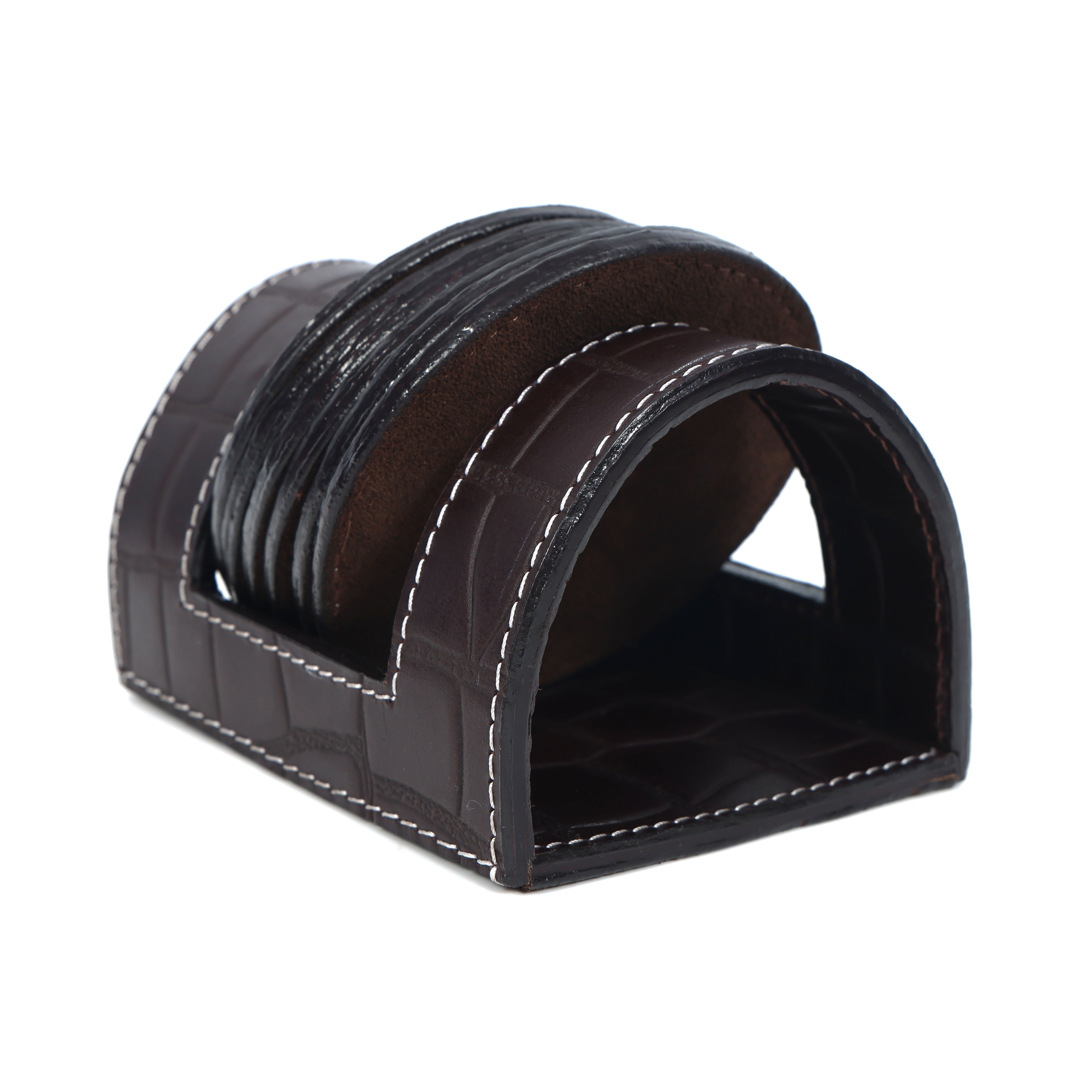 Premium Croc-Textured Leather Coaster Set with Holder