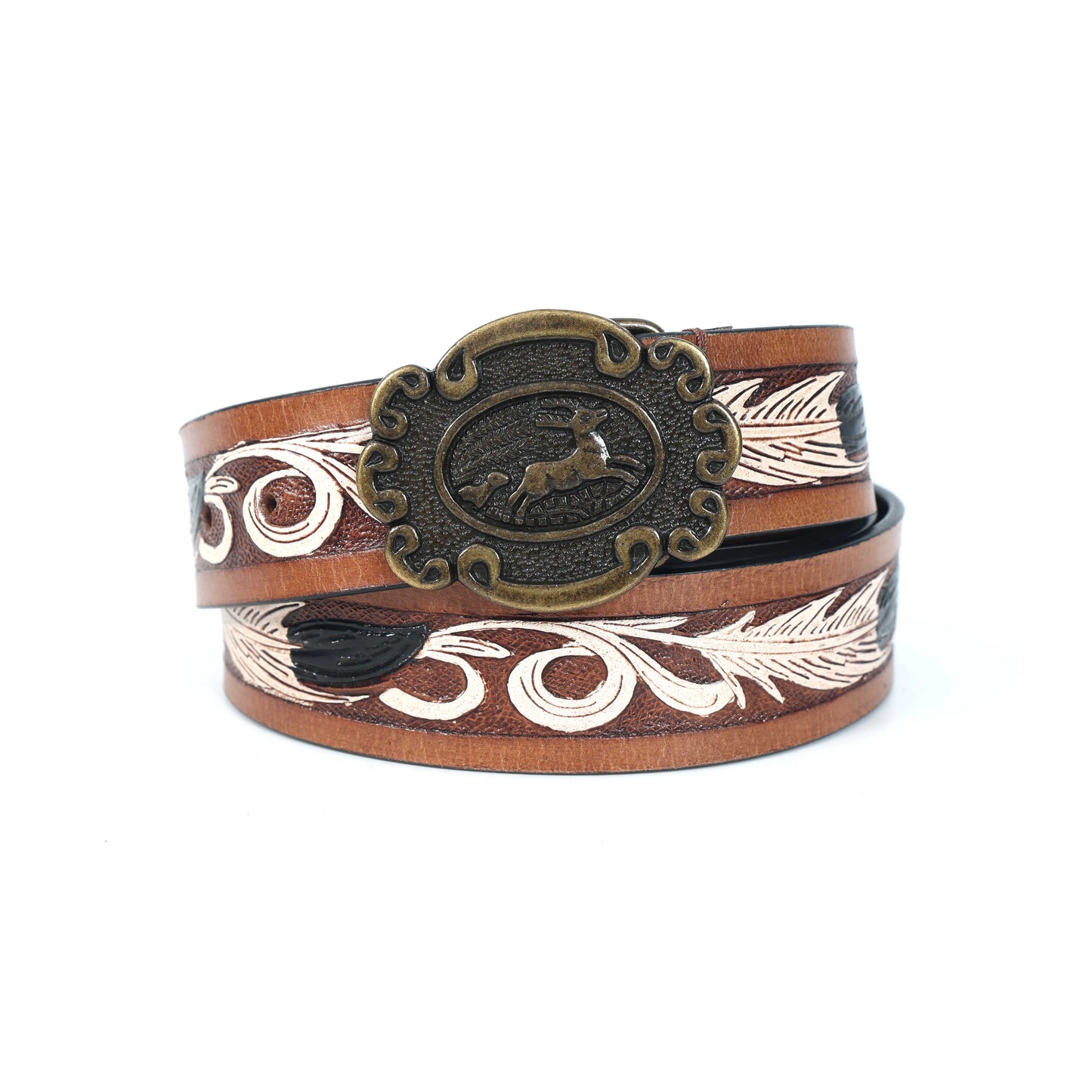 Handcrafted Tan Leather Belt with White Paint - Stylish & Unique Hand-Carved Design. LB-841