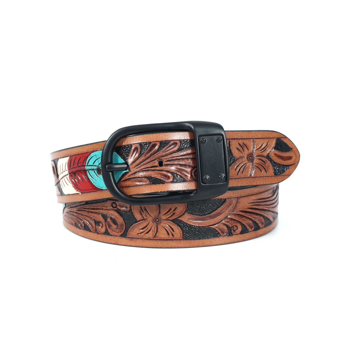 Stylish Brown Leather Hand-Carved Belt with Blue Paint – Unique, Custom Artisan Craftsmanship. LB-842