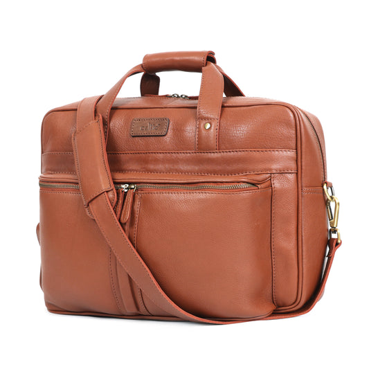 Premium Genuine Leather Office Laptop Bag with Multiple Zip Pockets & Detachable Strap