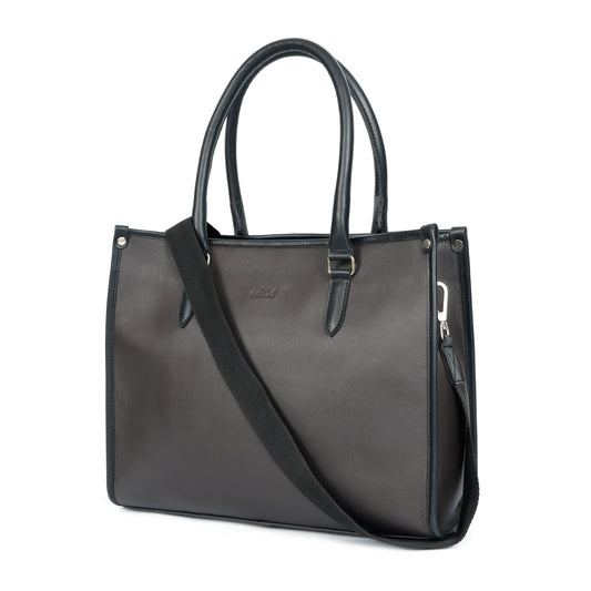 Premium Black Genuine Leather Office Tote for Women | Structured Handbag with Sling Strap