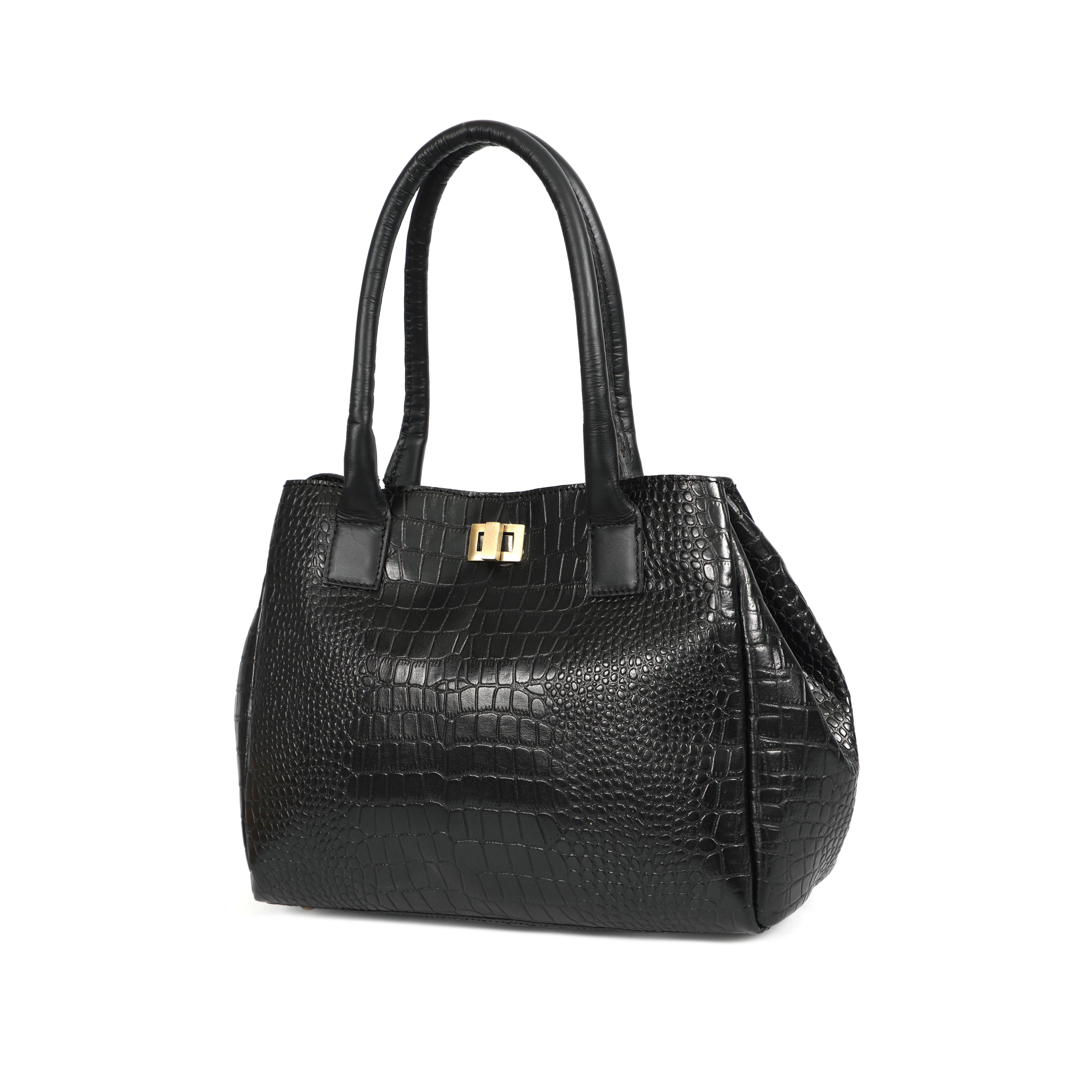 Structured Croc-Textured Black Handbag with Top Handles