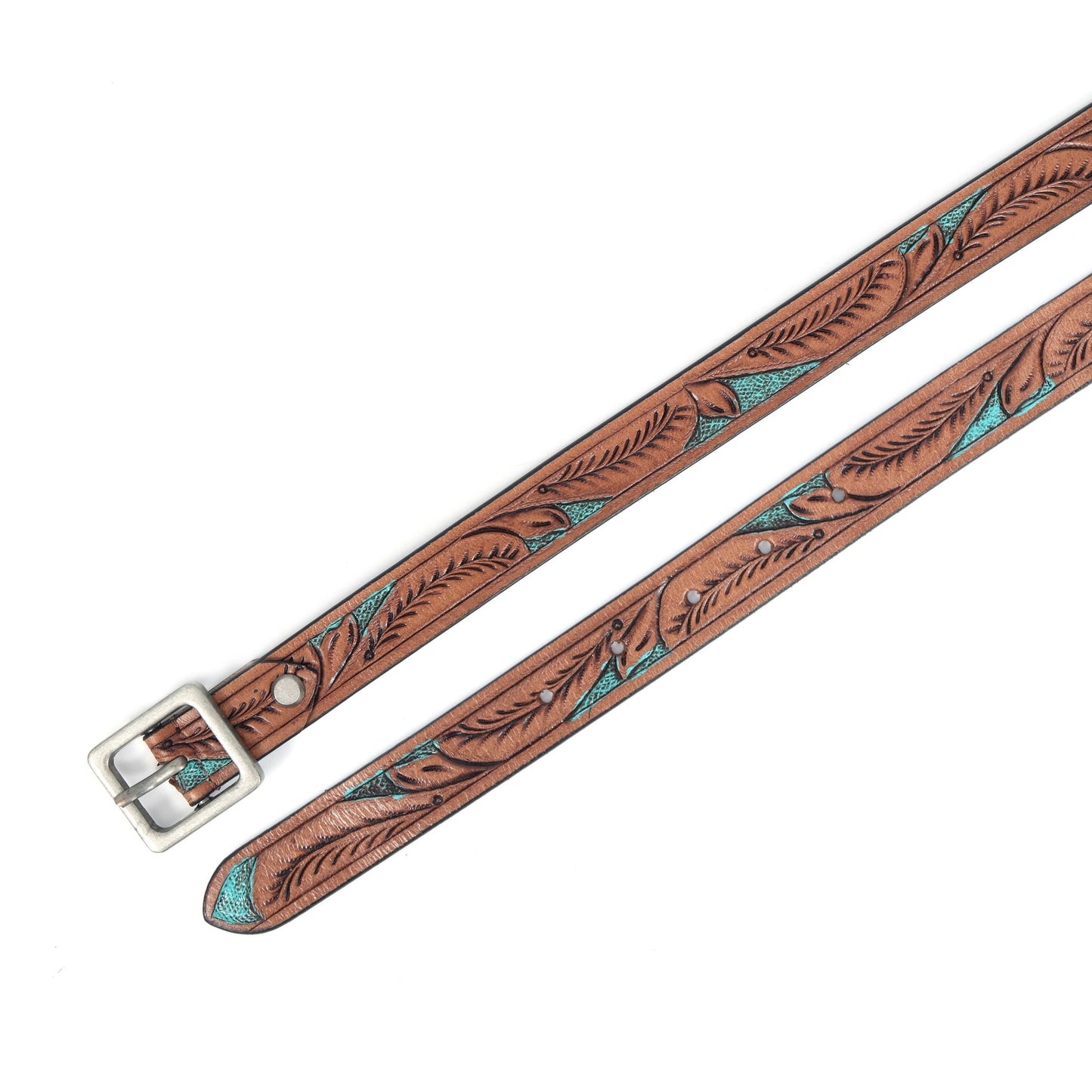 Stylish Leather Tan Belt with Blue Paint Accents & Silver Buckle. LB-845