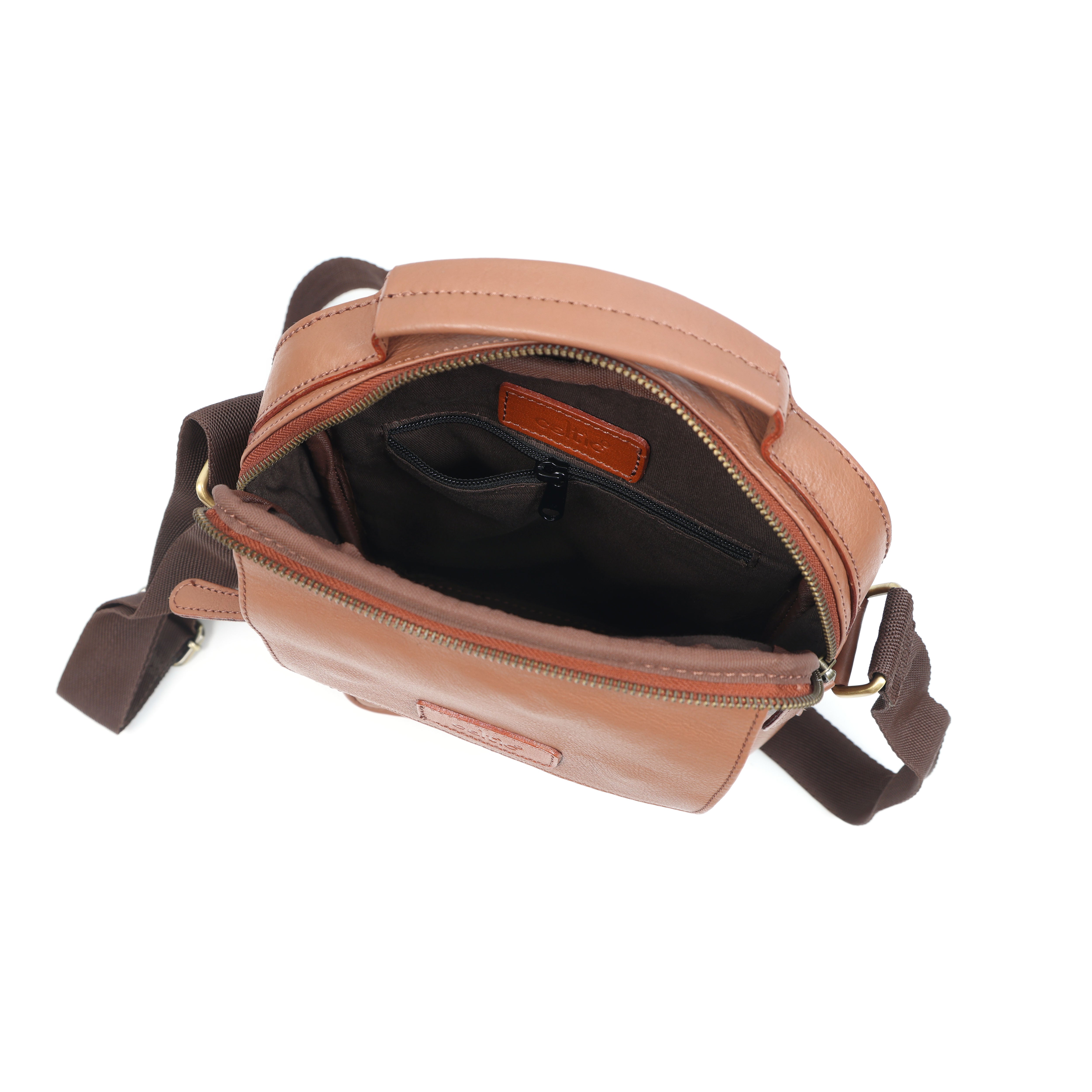 Unisex Leather Crossbody Sling Bag with Front Flap Pocket & Adjustable Strap