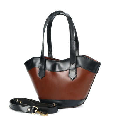 Genuine Leather Two-Tone Tote Bag | Stylish Brown & Black Shoulder Bag