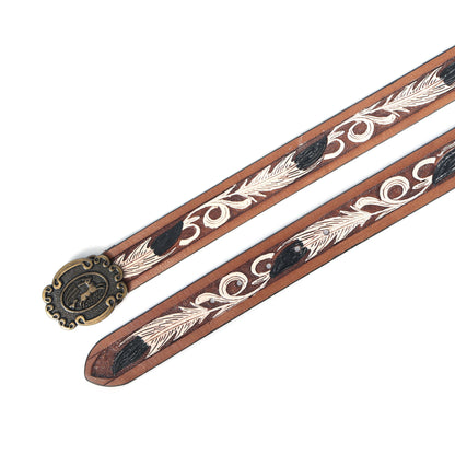 Handcrafted Tan Leather Belt with White Paint - Stylish & Unique Hand-Carved Design. LB-841