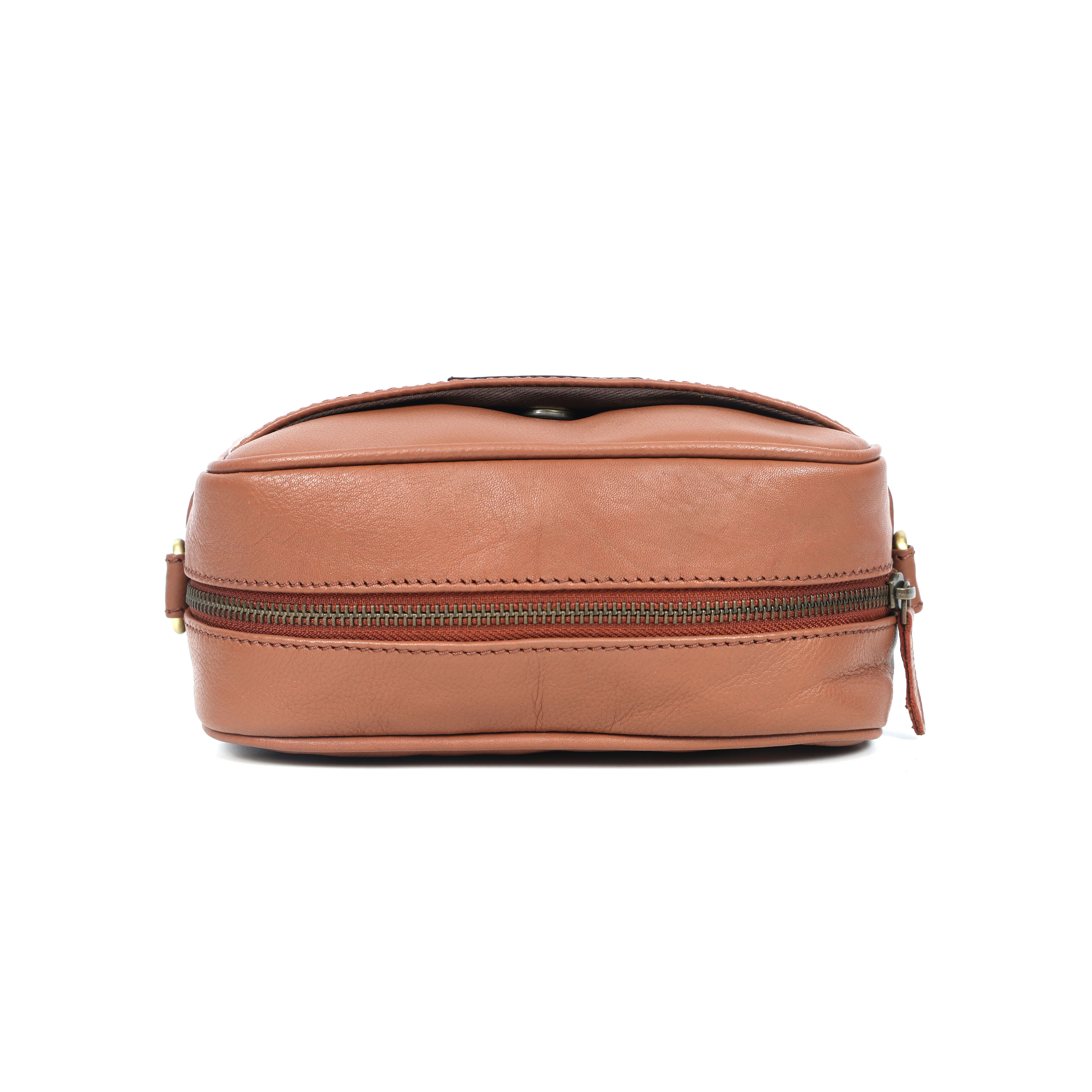 Premium Export Leather Compact Crossbody Bag | Multiple Zip Pockets & Adjustable Strap