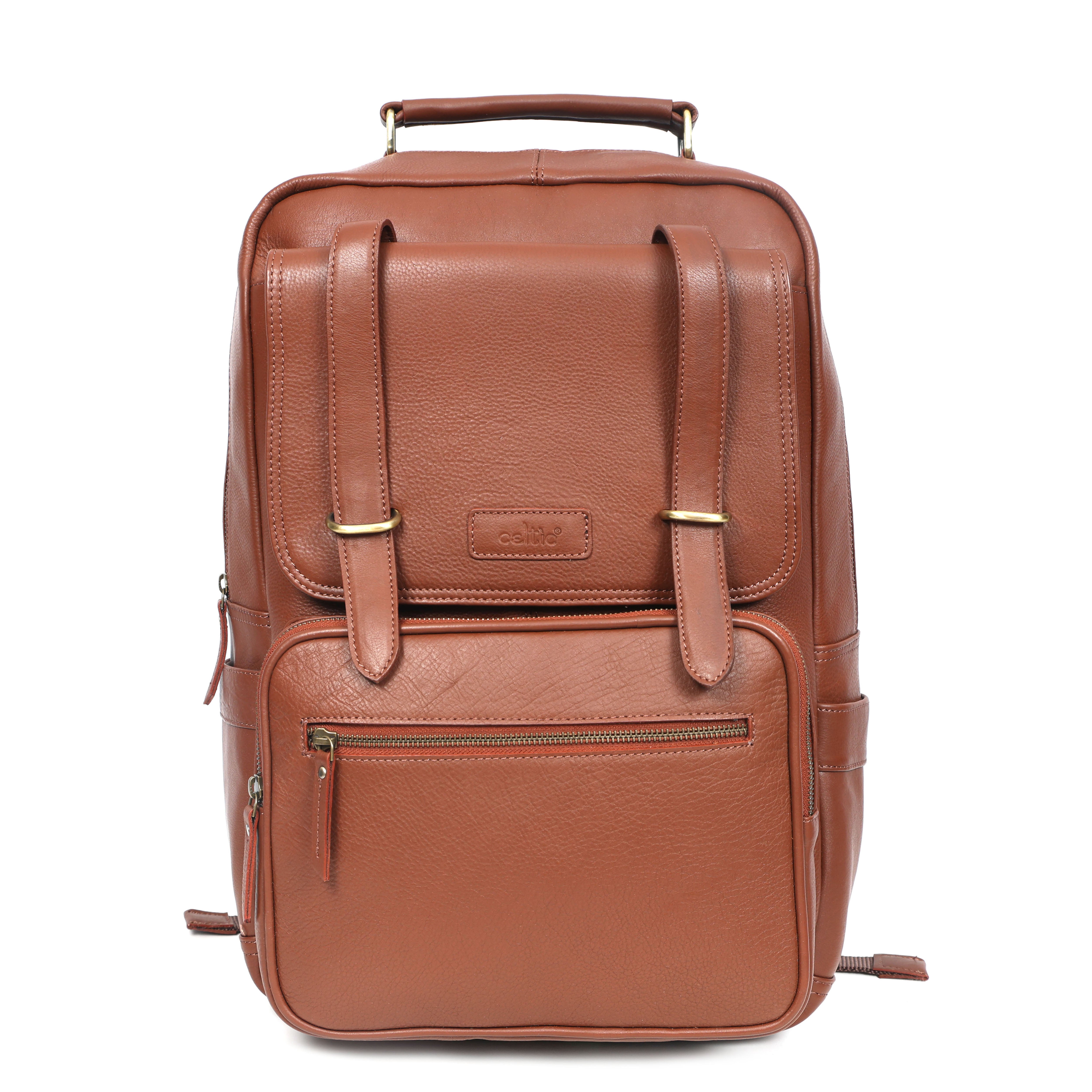 Premium Genuine Leather Laptop Backpack with Multi-Zip Compartments & Top Handle