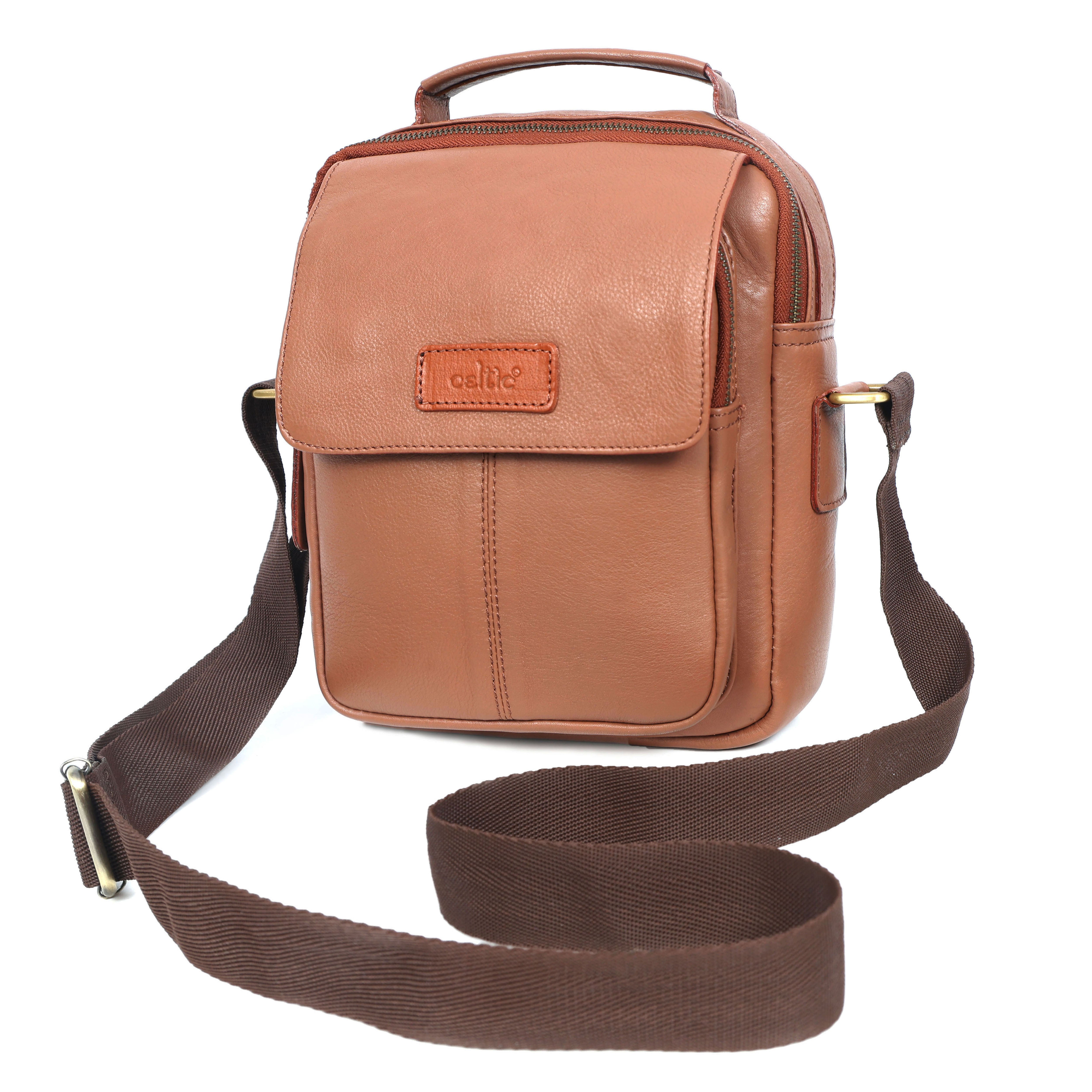 Unisex Leather Crossbody Sling Bag with Front Flap Pocket & Adjustable Strap