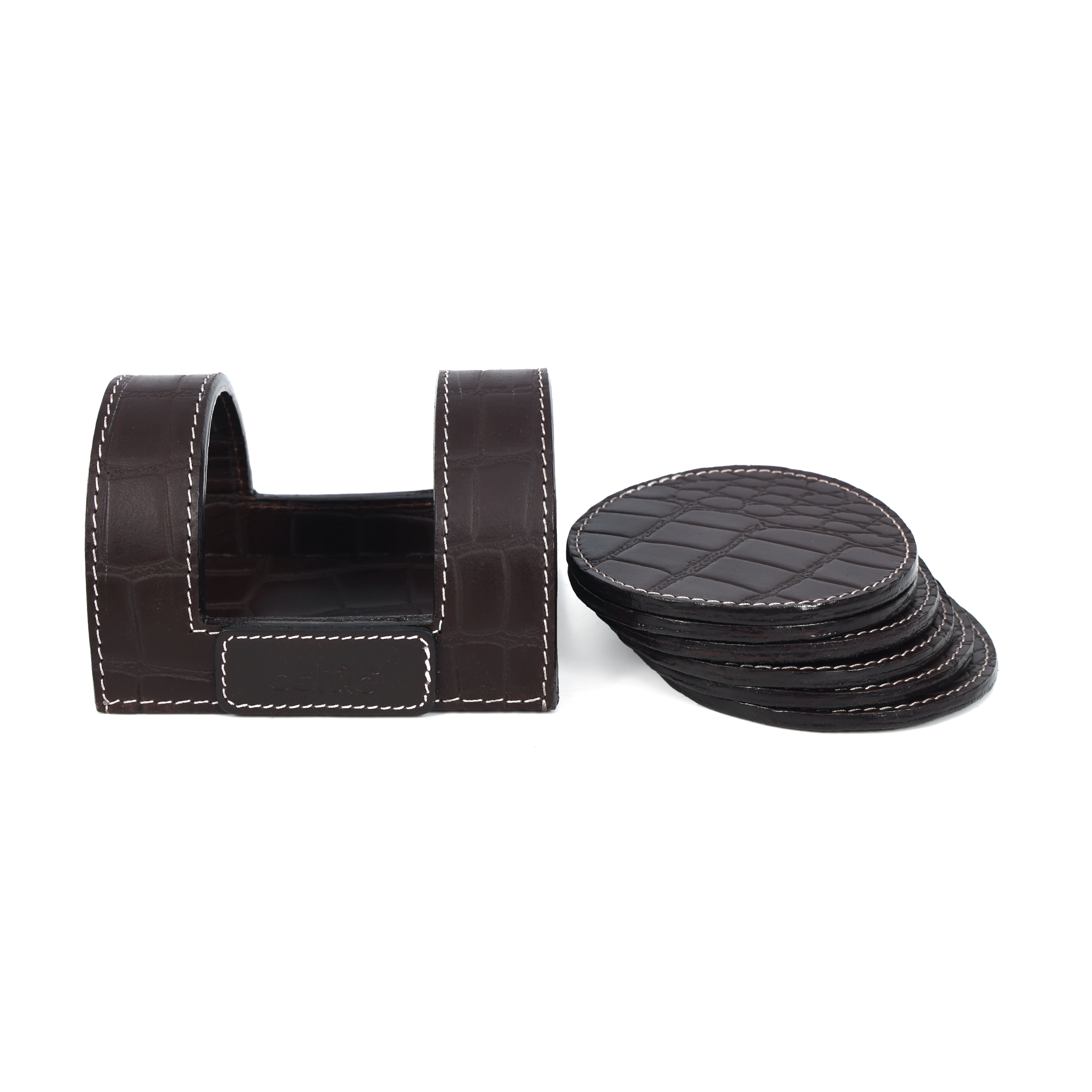 Premium Croc-Textured Leather Coaster Set with Holder
