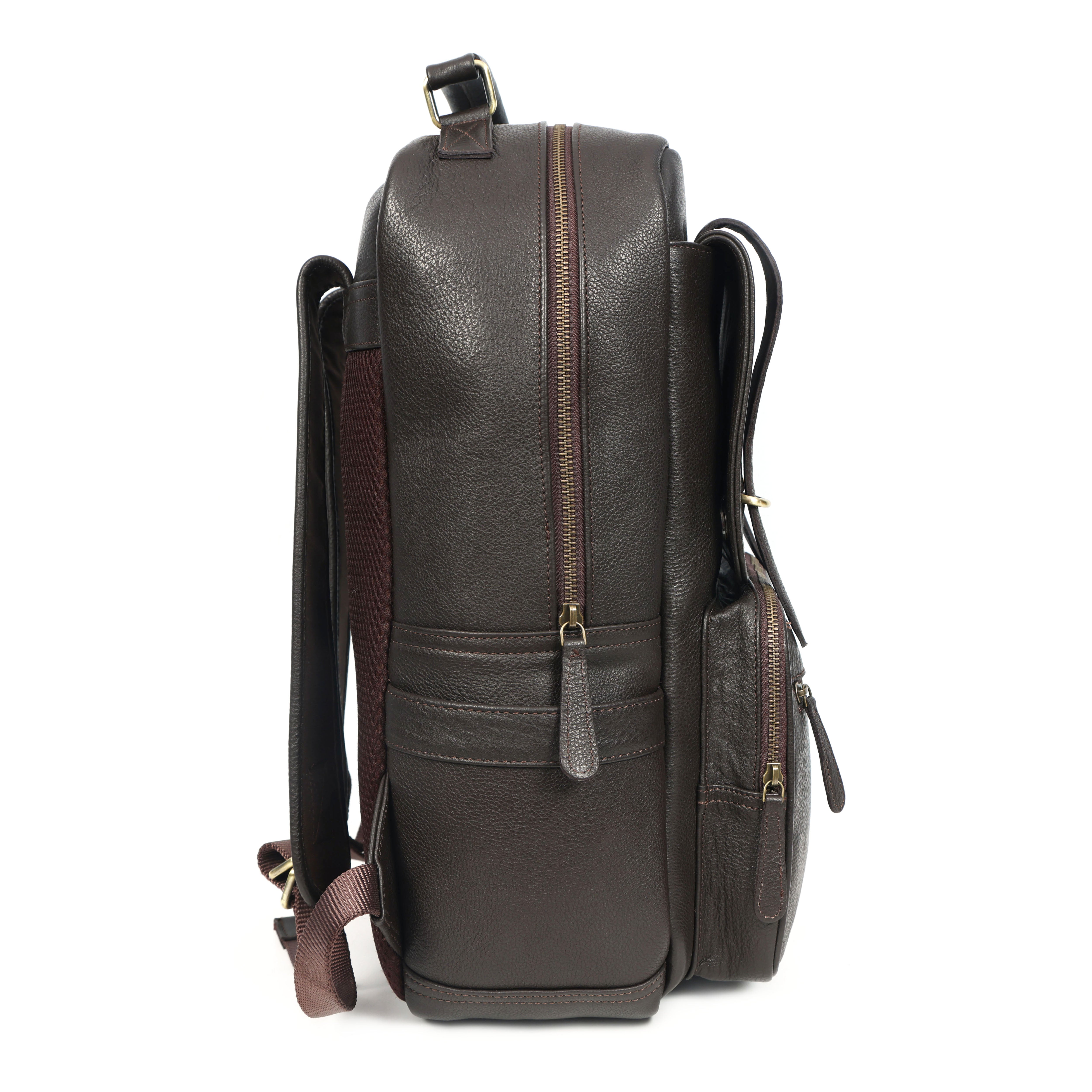 Premium Genuine Leather Laptop Backpack with Multi-Zip Compartments & Top Handle