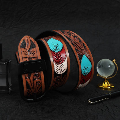 Stylish Brown Leather Hand-Carved Belt with Blue Paint – Unique, Custom Artisan Craftsmanship. LB-842